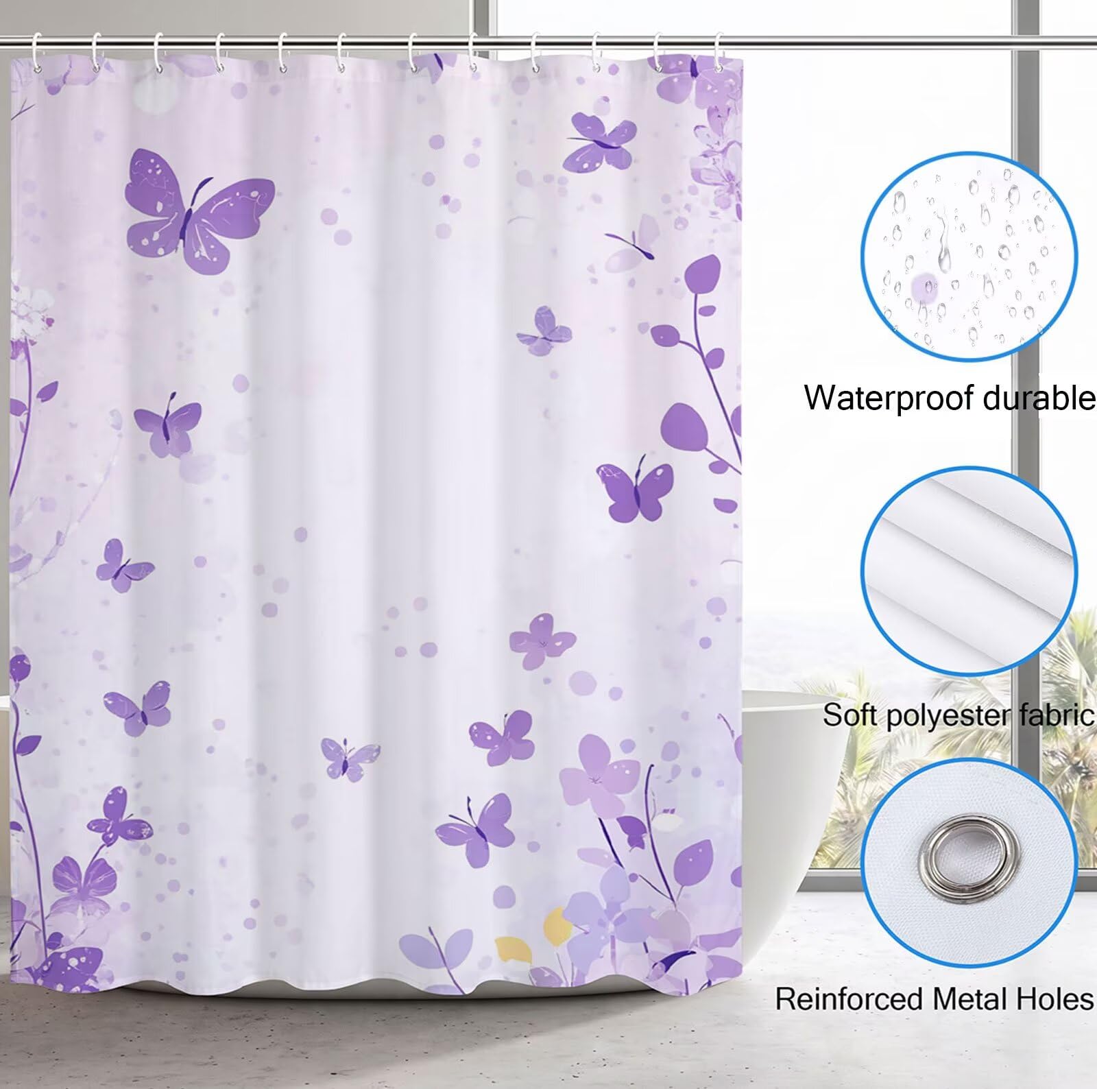 Cortina de Ducha Blanco Cortina Ducha, Antimoho, Tela Impermeable Poliéster, Shower Curtain 200x220 cm con 12 Ganchos y Dobladillo Ponderado, Shower Curtain Lavable para Baño o Bañera, Púrpura 3Y#16