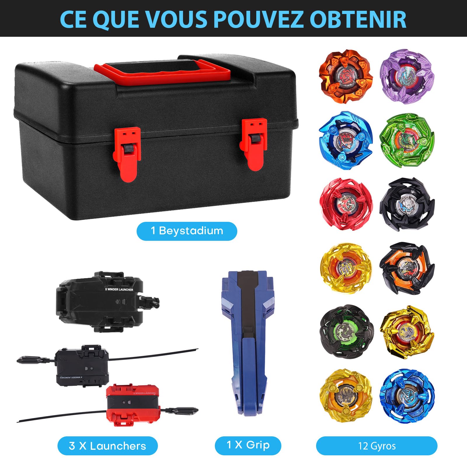 Set 12 Toupies De Combat X - Avec 2 Lanceurs, Cordon Starter Et Boîte De Transport - Jouet Enfants Dès 6 Ans