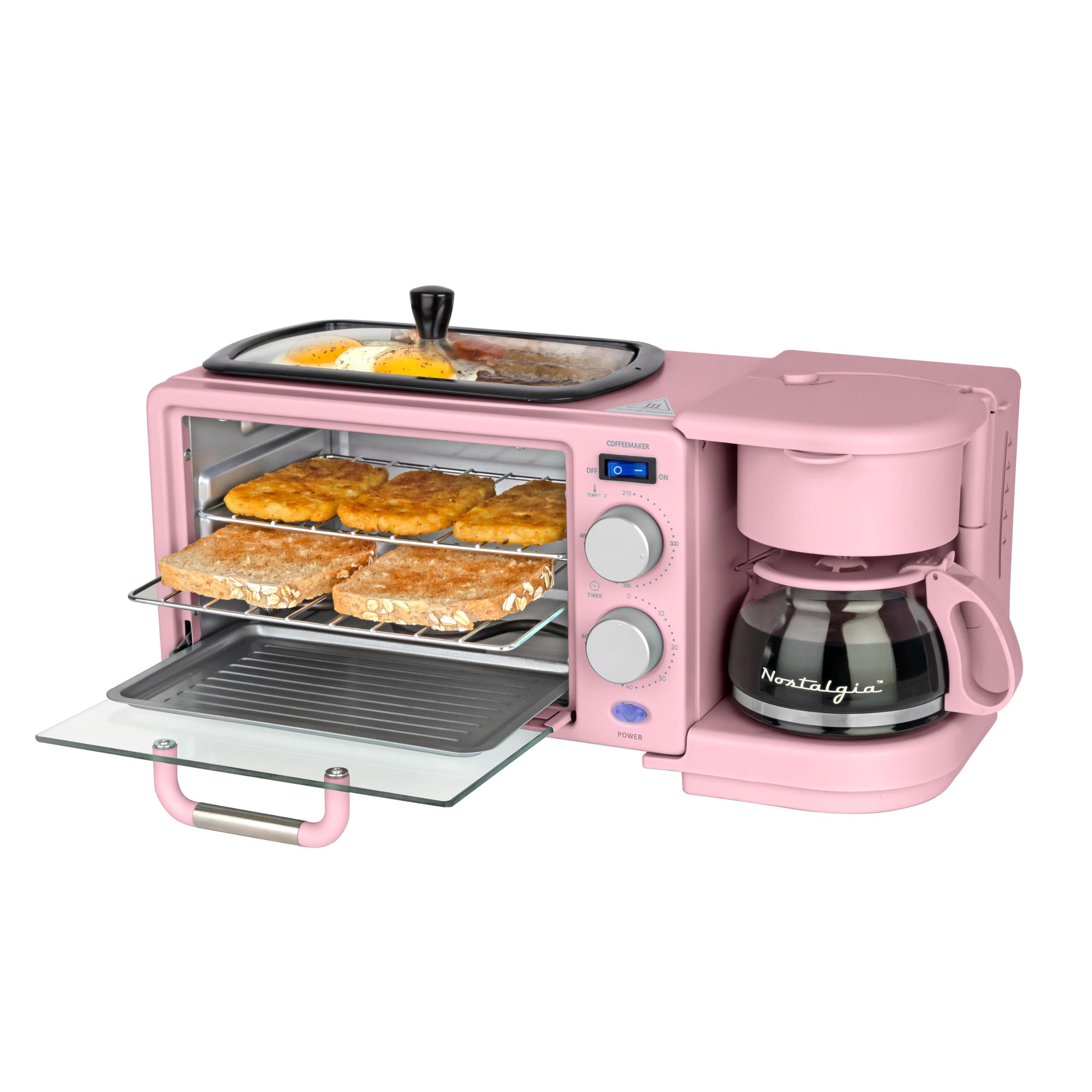 Nostalgia 3-in-1 Retro Breakfast Station - Includes 5 (4 Oz) Cup Coffee Maker, Non-Stick Ceramic Griddle, and 4-Slice Toaster Oven - Built-In Timer, Reusable Coffee Filter, Space-Saving Design - Pink