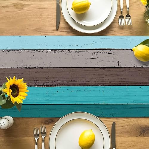 Miniatura 193 de Camino de mesa de algodón y lino estilo granja rústico retro, textura de madera de granero, color degradado marrón y gris, antideslizante,