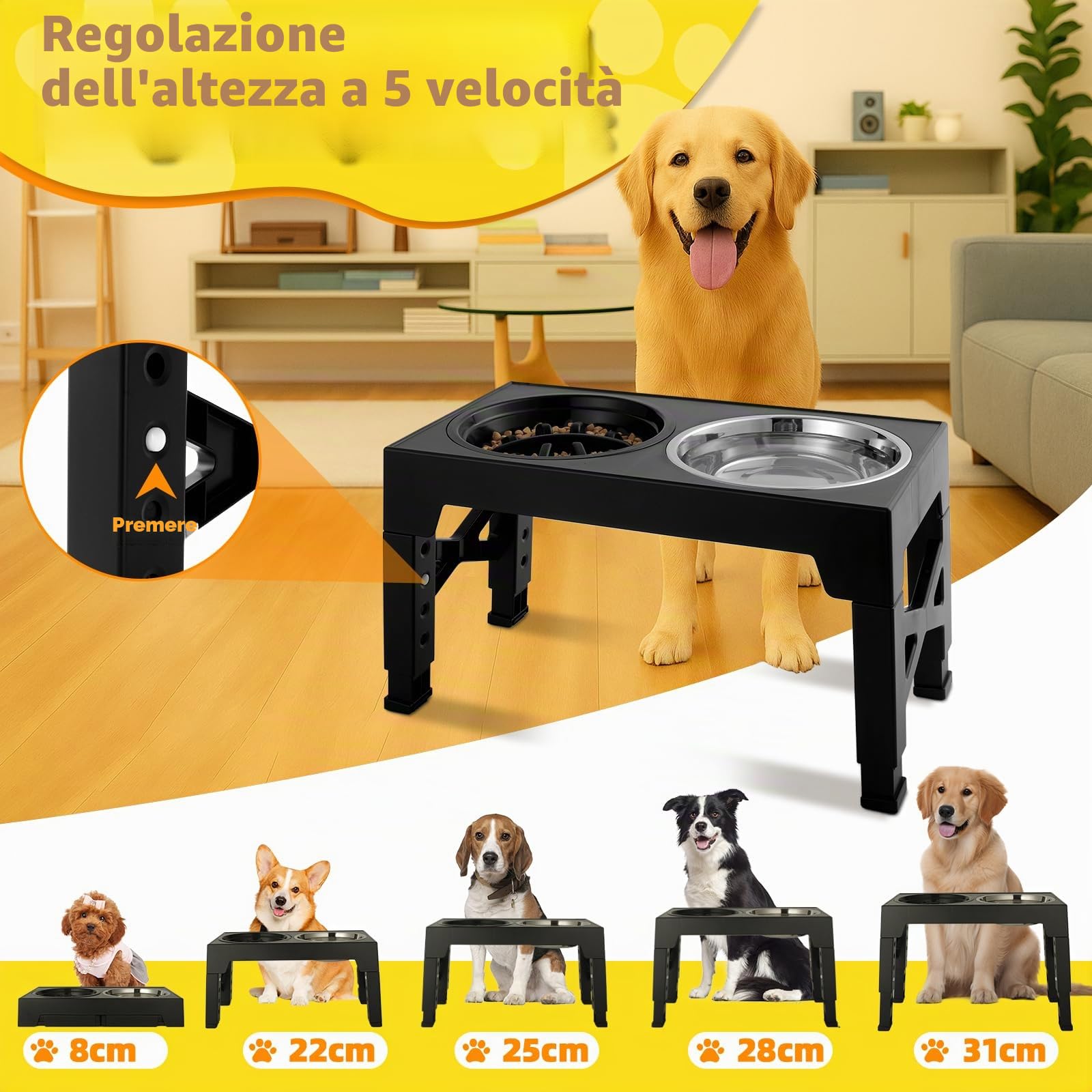 Ciotole per cani Rialzate Regolabili - 2 Ciotole in Acciaio Inox (1200ml) + 1 Ciotola anti-ingozzo (800ml) - Base antiscivolo per cani di taglia media/grande