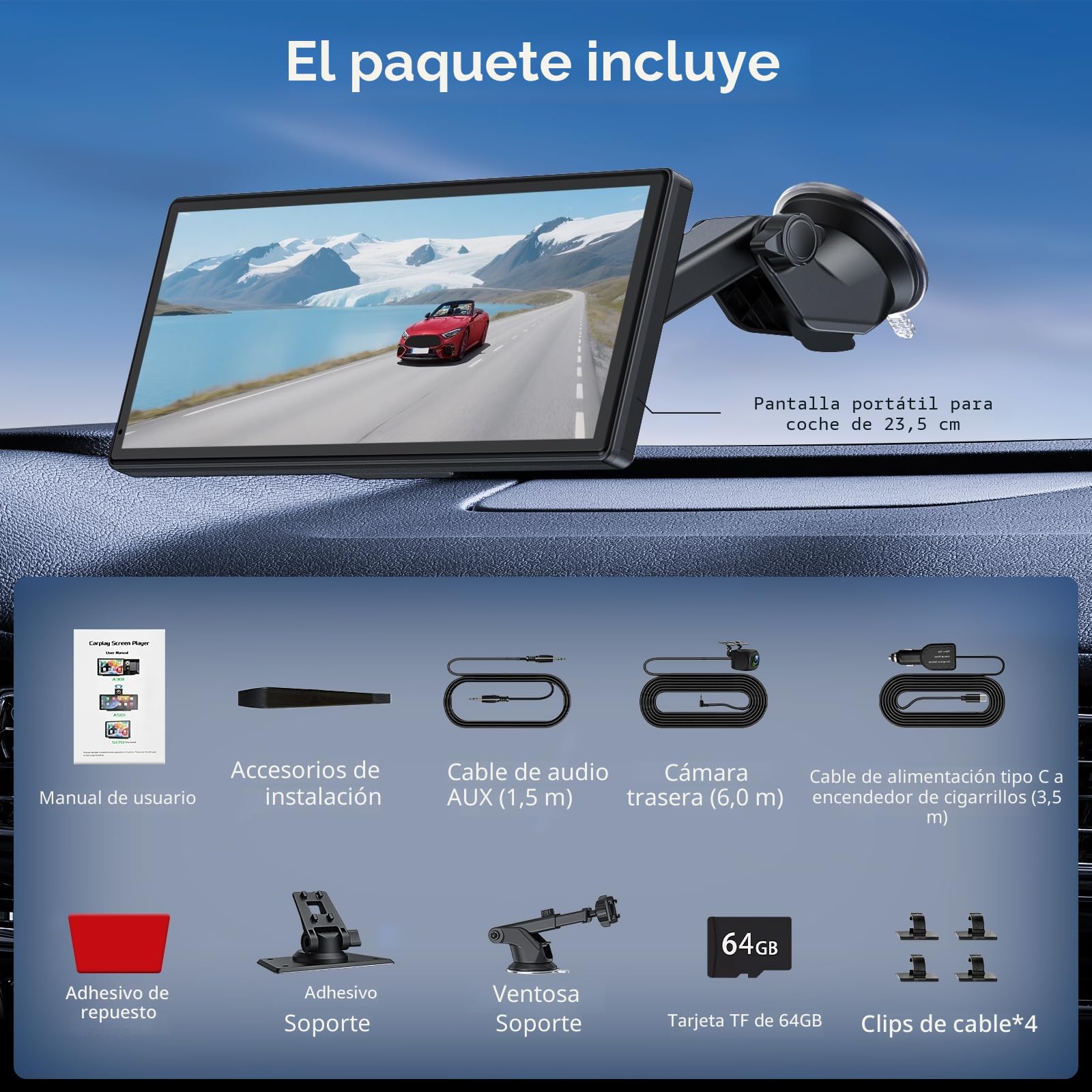 9,26 Pulgadas Pantalla Coche Android Auto & Carplay, Pantalla Carplay Coche con Dashcam 4K/Cámara Trasera HD 1080P/Bluetooth/FM/AUX/64G TF/Mirror Link/Control por Voz/Navegación GPS