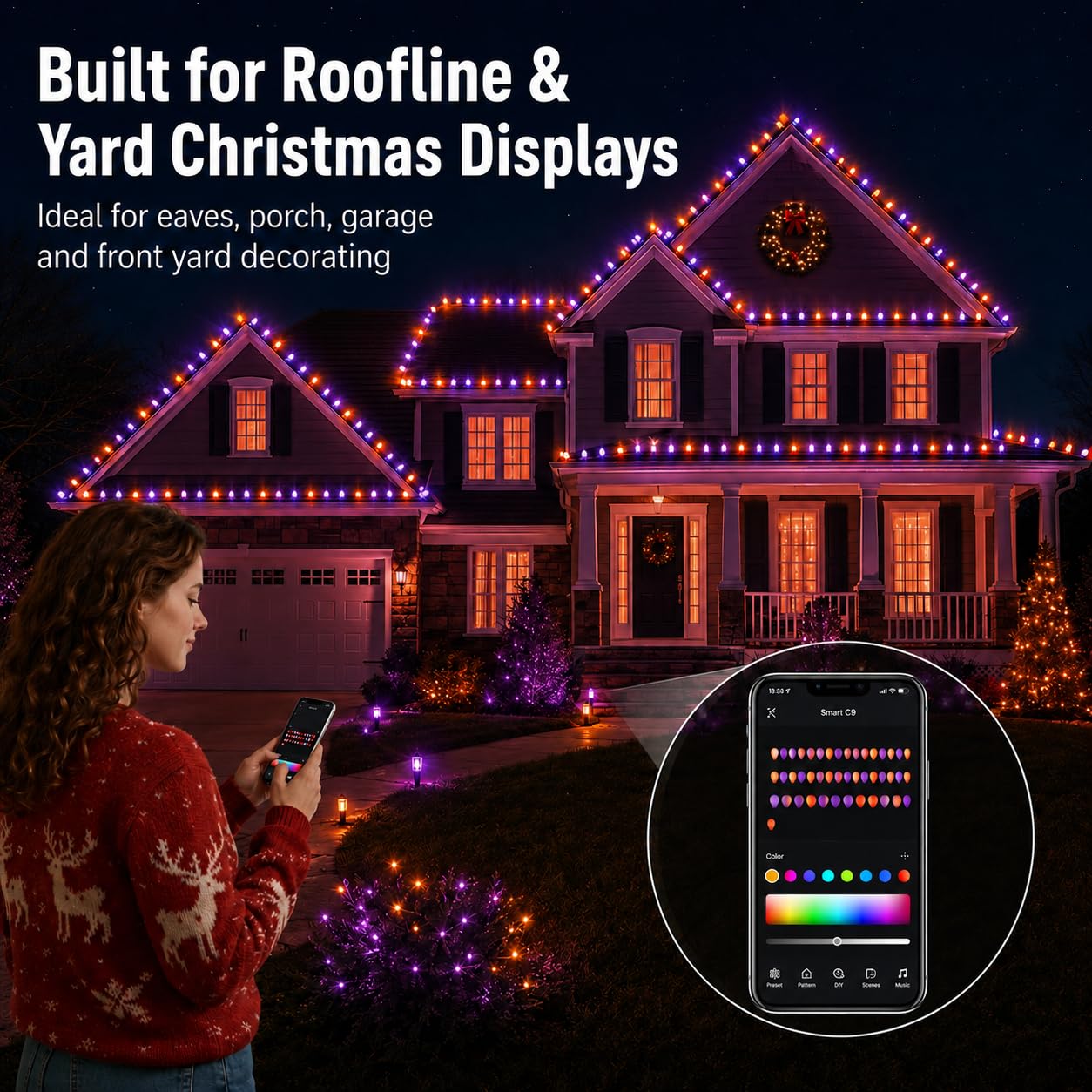 Smart C9 - Luci natalizie a LED per esterni, 30 m, 150 LED, controllo APP, 105 modalità preimpostate, sincronizzazione musica, dimmerabile, impermeabile IP65, luci di Natale collegabili per cortile