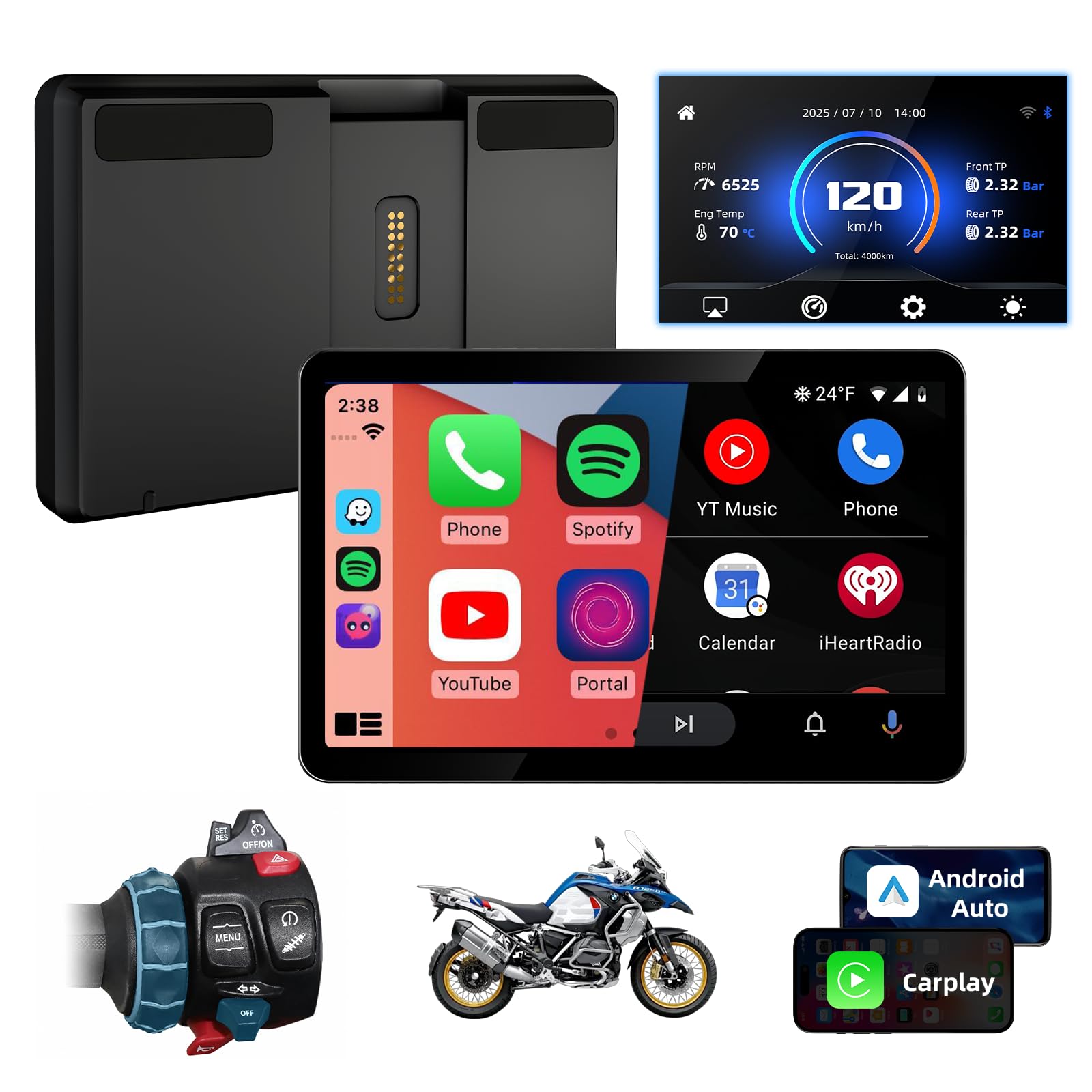 Jansite Carplay Moto avec Molette Wonder Wheel Native pour BMW Motorrad | 6,25'' Écran Tactile Étanche Tactile, CarPlay et Android Auto Sans Fil, Navigation GPS, Plug-and-Play