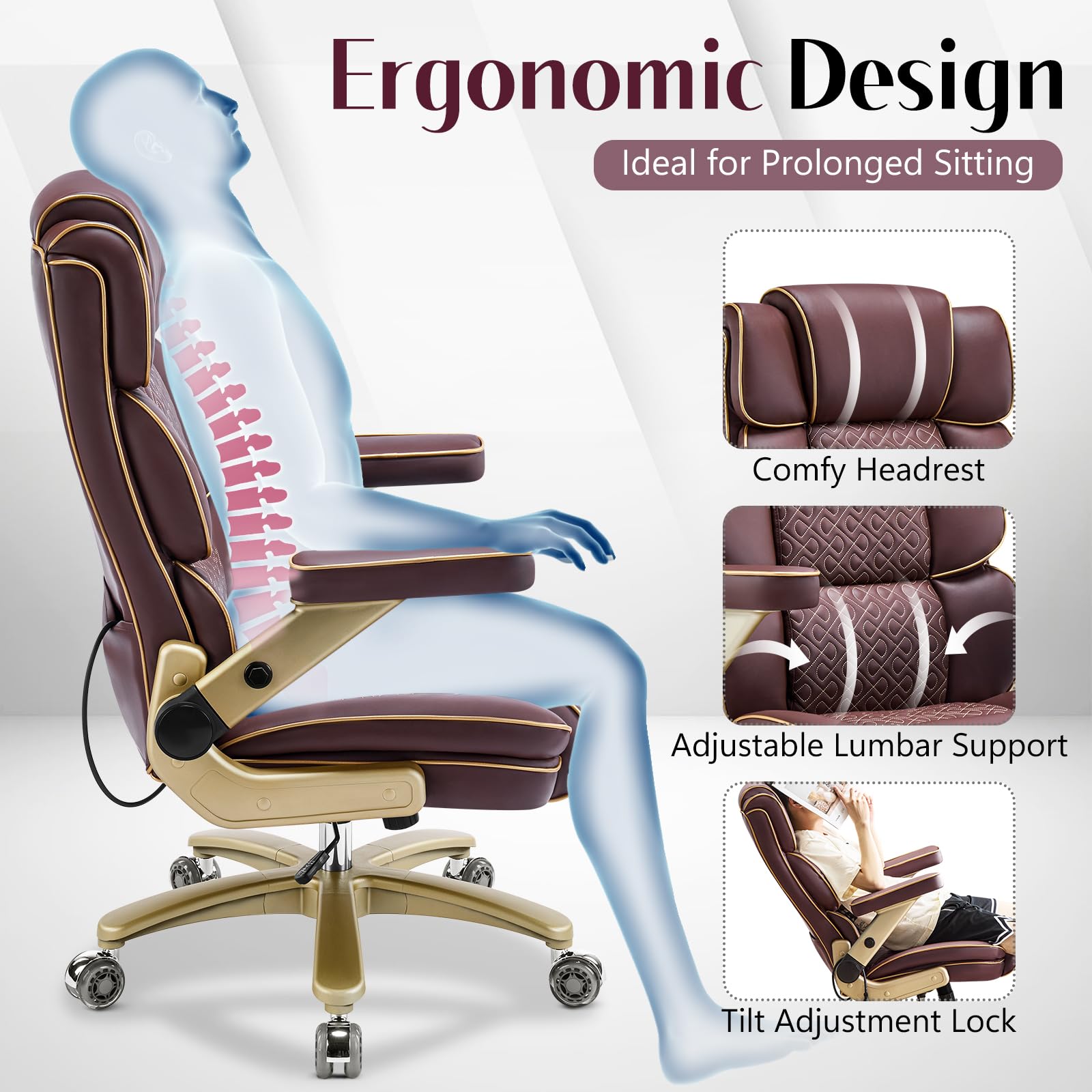 Heavy Duty Executive Leather Chair Big and Tall Office Chair 500lbs with 5D Flip-up Armrests Comfortable Seat Adjustable — view 7