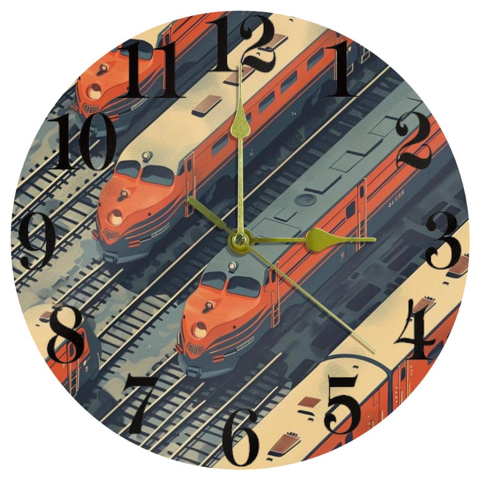 Horloge murale vintage train en bois silencieuse quartz pour deco salon et bureau