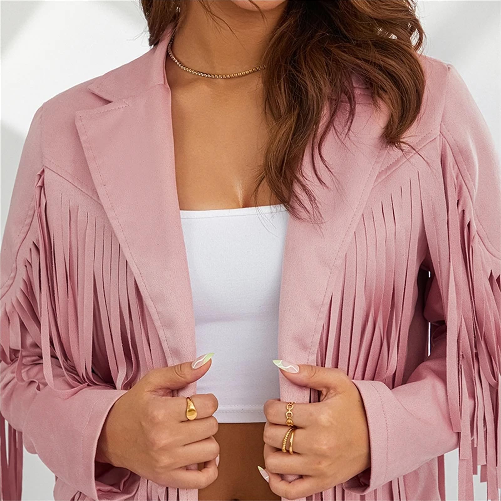 Top con Frange Cappotto da Donna Primavera Autunno Slim Manica Lunga Aperto Davanti Giacca Tinta Unita con Colletto e Nappe per Le Donne(Pink,XL)