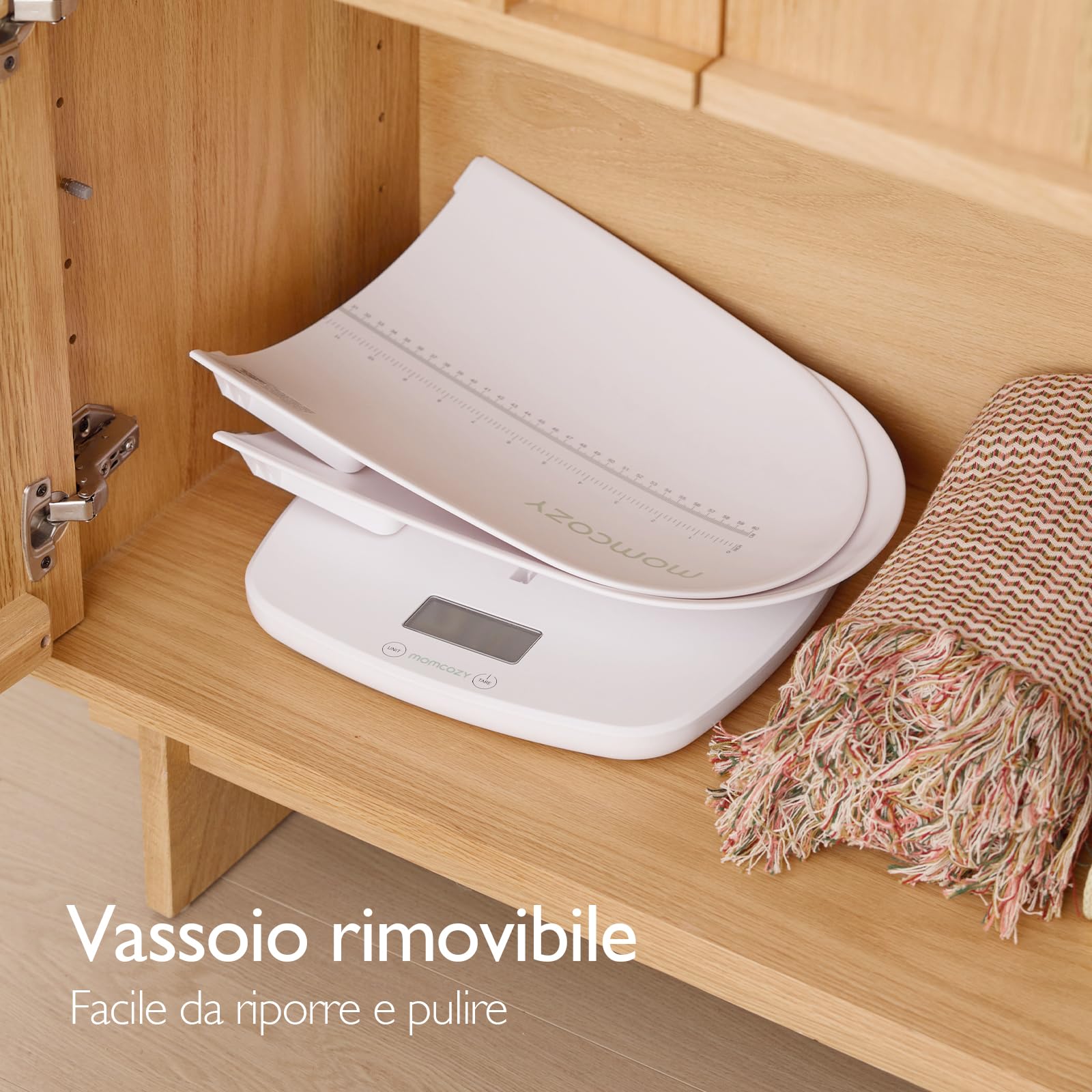 Momcozy Bilancia Neonato Digitale, Adulti e Animali Domestici, Memoria | Vassoio ergonomico rimovibile, Peso/Altezza, precisione 5 g fino a 20 kg, funzione tara, 5 unità e display LED orientabile