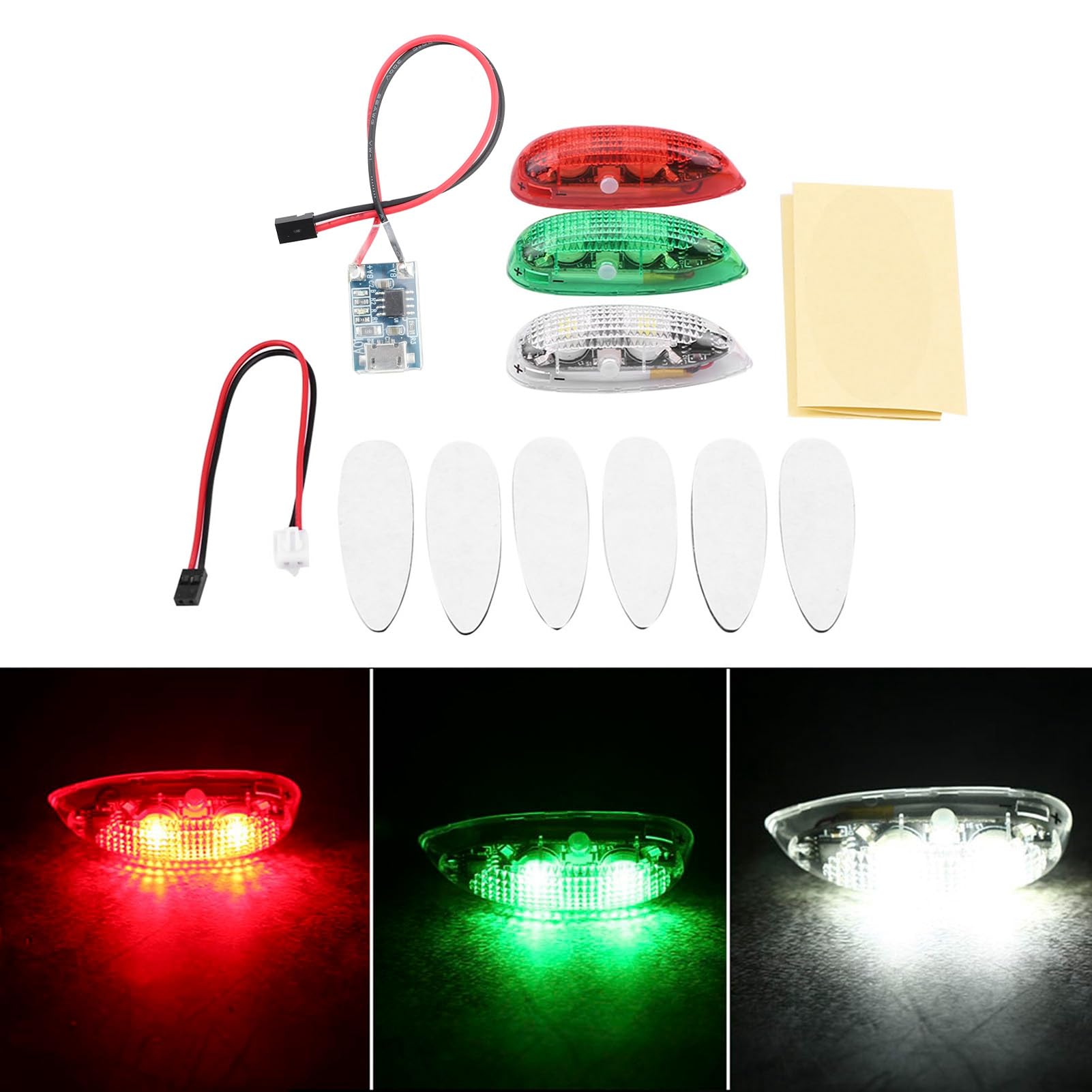 HEEPDD Kit Luci LED per Aereo RC, Luce Stroboscopica per Aereo, Plastica, 3 Pezzi, Luci Lampeggianti Ricaricabili, 3 modalità, visibilità 500 M, per RC, Drone, Elicottero, Volo Notturno