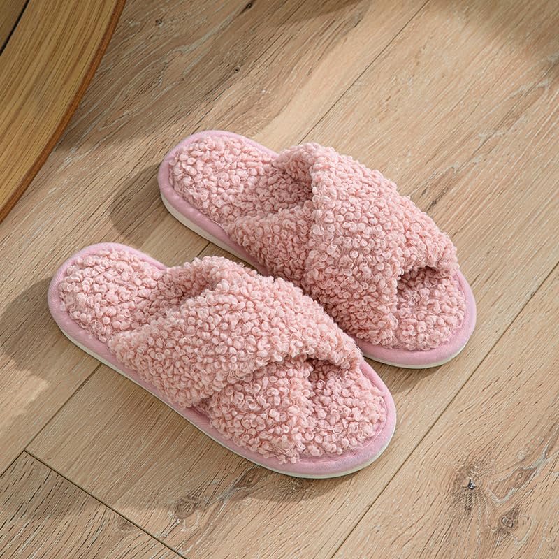 Women's plush home cotton slippers with cross-strap design, breathable and comfortable, suitable for indoor and outdoor use, casual and lightweight.2