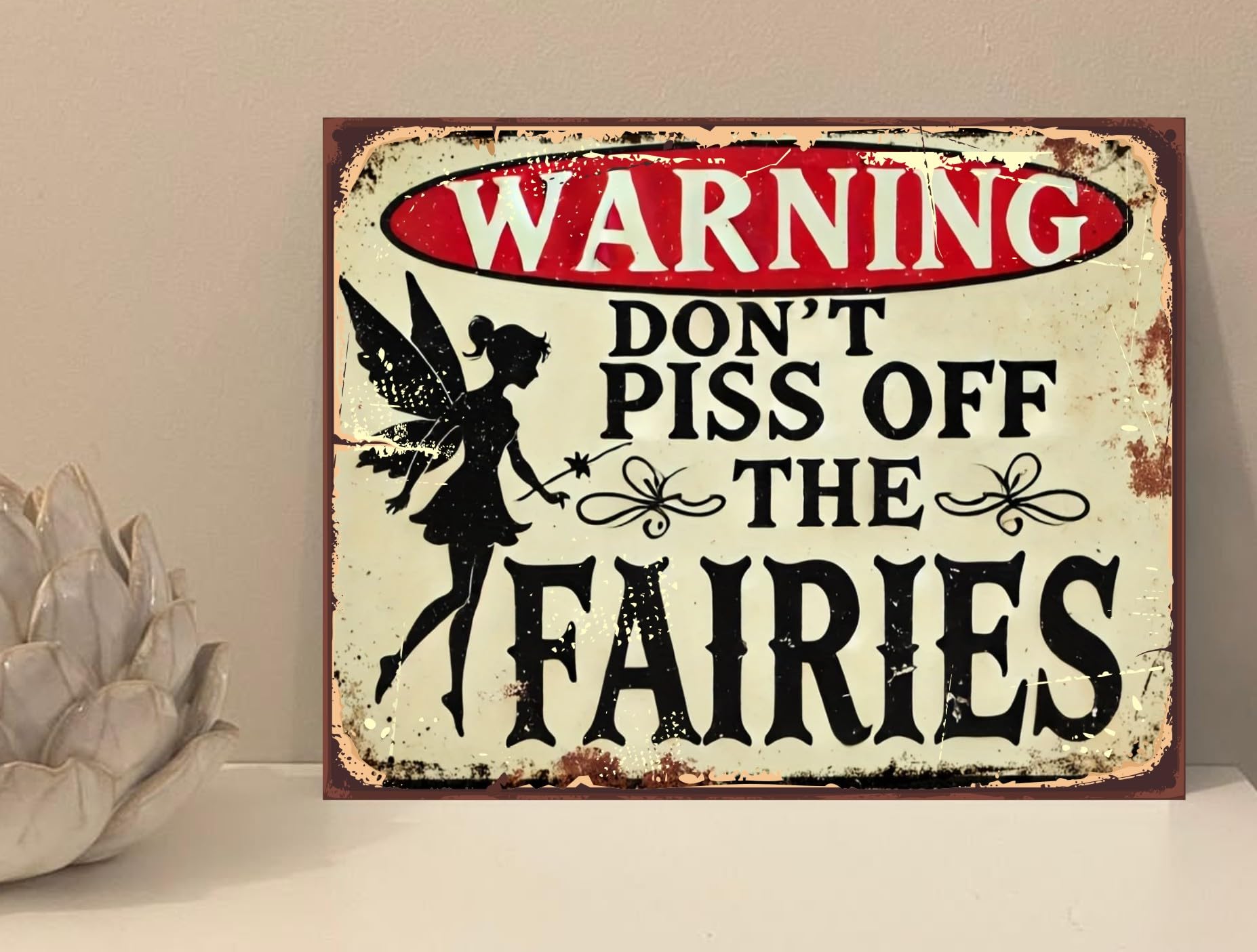 1x Warning Fairies Funny Garden Rustic Retro Metal Novelty Plaque Sign Gift mt876 (250mm x 200mm)