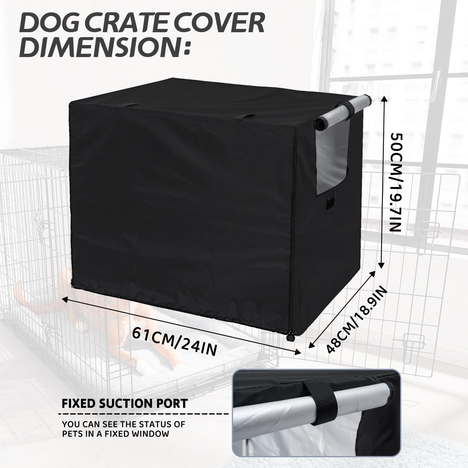 OUUTMEE Hundebox-Abdeckung, 210D Polyester, wasserdichte Hundekäfig-Abdeckung mit Tür und belüftetem Fenster 61LX48WX50H wasserdicht/Sonnenschutz/Lichtblockierend Schwarz