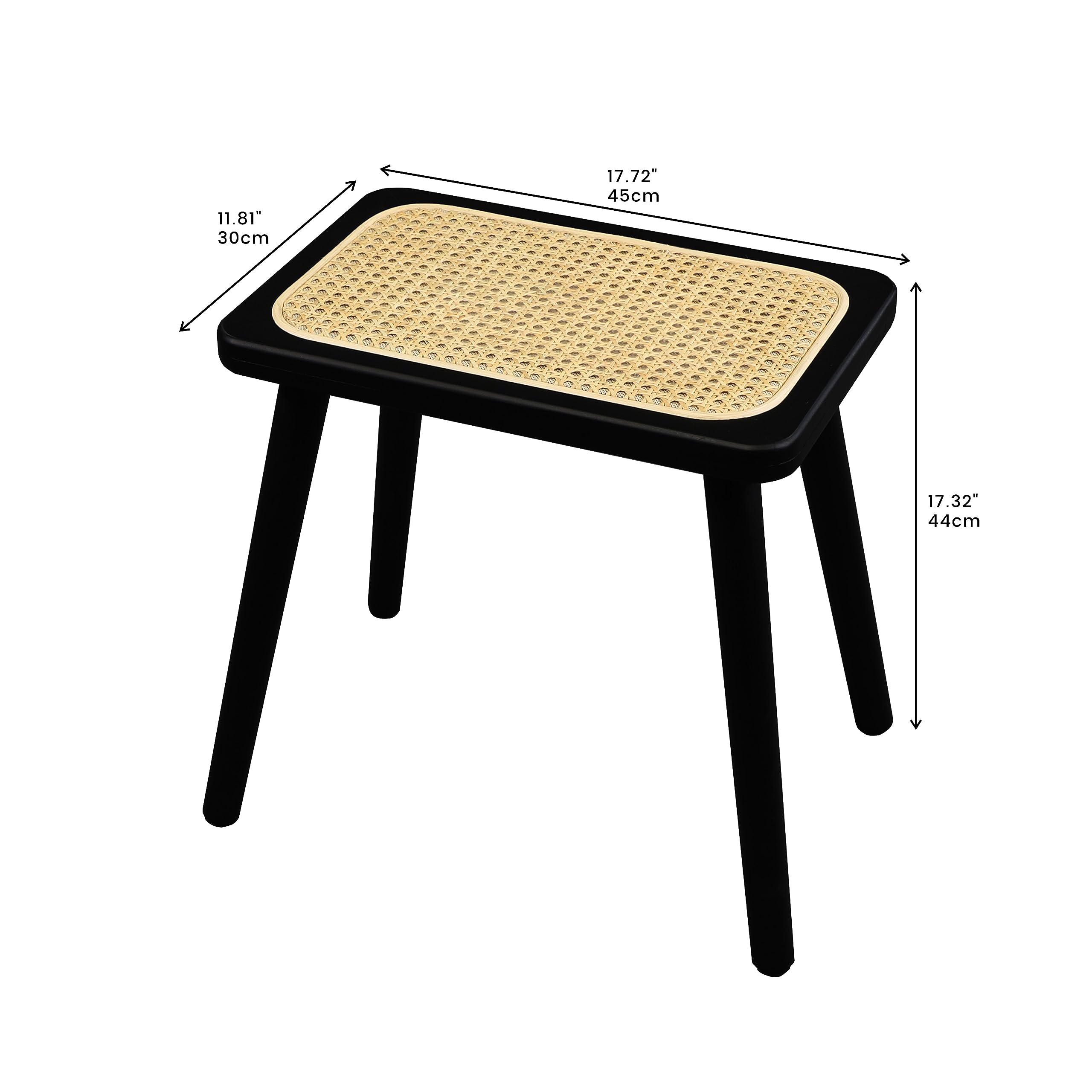 [PJ Collection] Natural Rattan Top Wood Stool, with Portable and Detachable Legs, Handcrafted Wood Stool, Lightweight Stool, Hand Woven, Comfortable Support (Rectangle, Black)