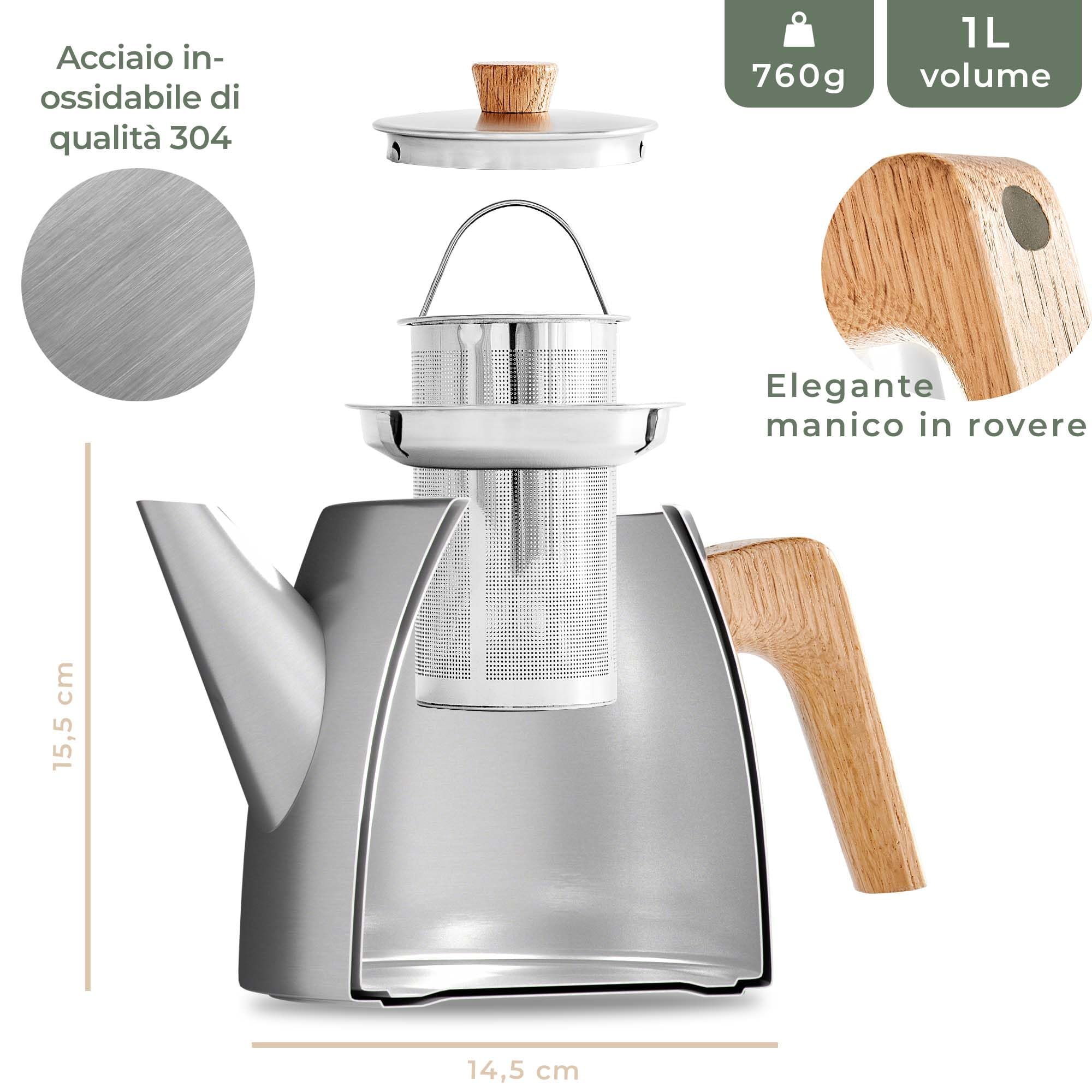 WALDWERK Teiera con Infusore – Teiera termica a doppia parete – Teiera con filtro in acciaio inox 304 – Infusiera con manici in vero legno di quercia – Teiera 100% antigoccia