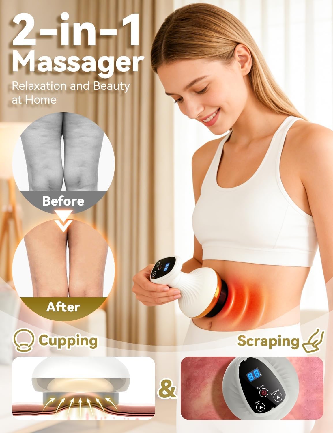 Massaggiatore Anticellulite Vacuum, Massaggiatore 4 in 1 Contro Cellulite, 6/9 Livelli di Riscaldamento, 6/9 Livelli di Aspirazione, per Pelle Più Tonica e Riduzione Cellulite (9 Livelli Con olio)