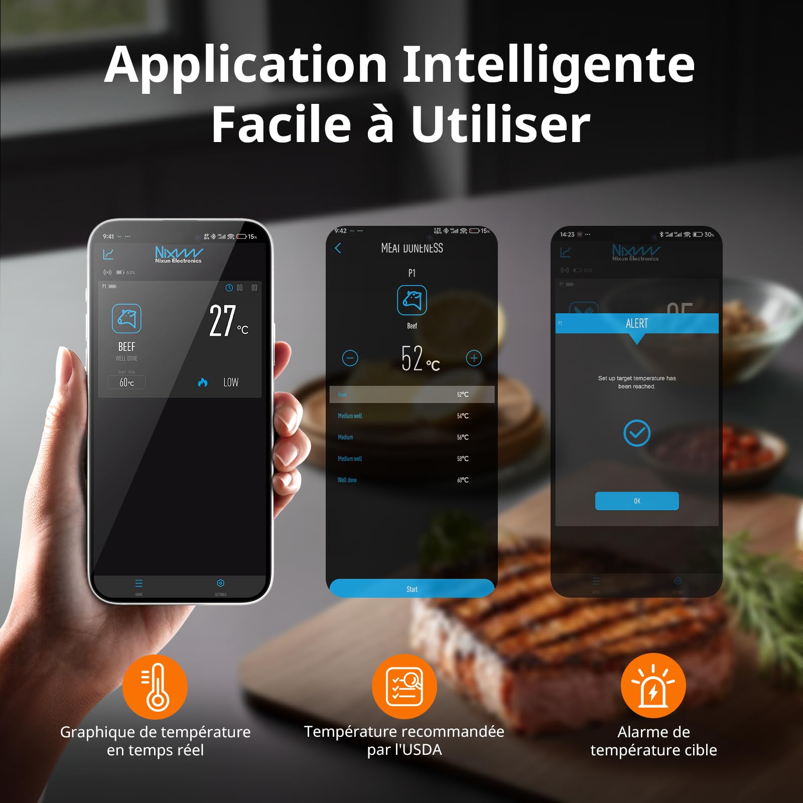AIRMSEN Thermomètre à Viande Sans Fil avec Poignée en Céramique Résistante à la Chaleur & Écran LCD - Surveillance à 150M Contrôle par Appli Bluetooth 5.4 pour Grillade Fumage BBQ Batterie 1000mAh