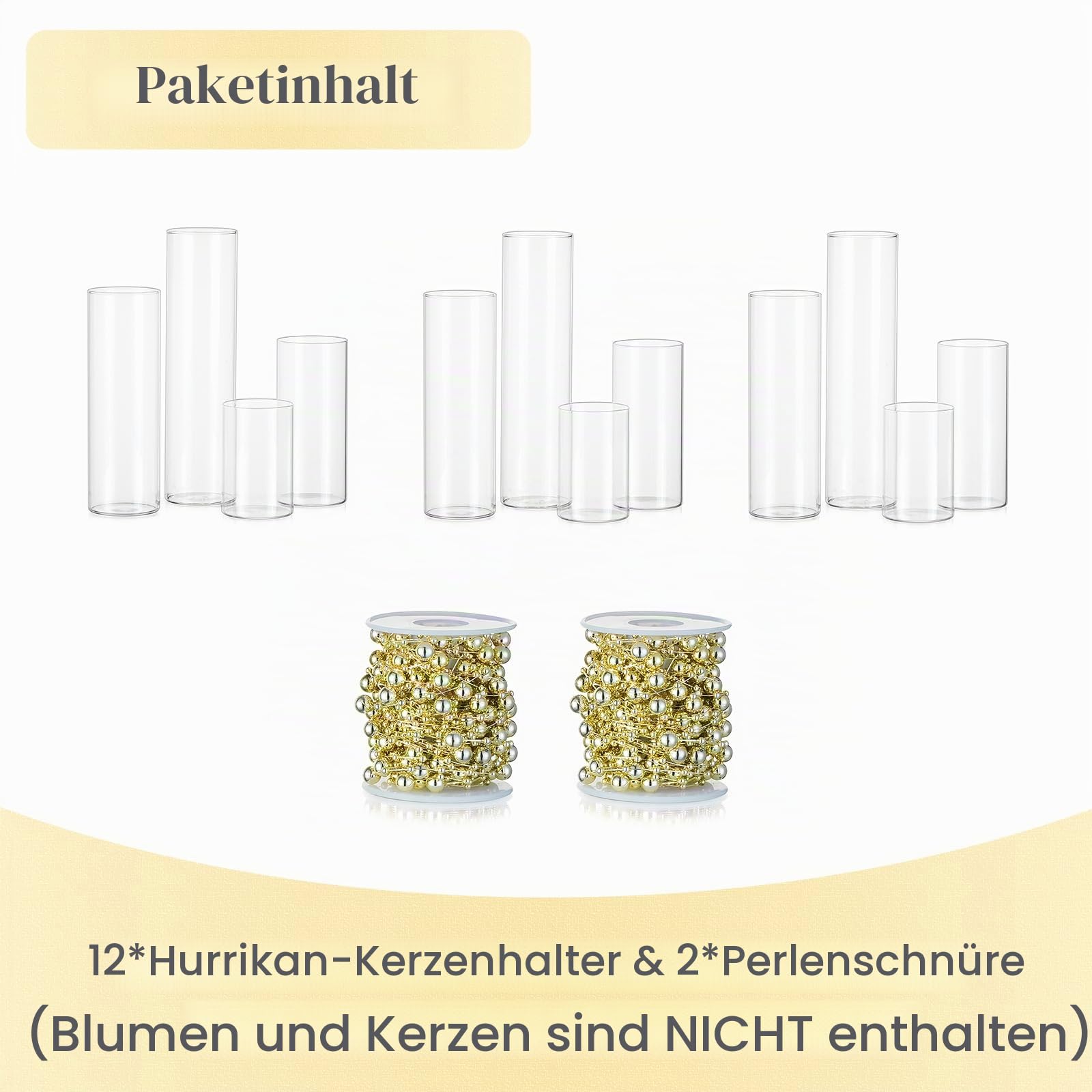 Hewory 12 Kerzengläser mit Goldperlen Glasvase für Tischdeko Windlicht | Hitzeglas, 4 Höhen, Klare Glaszylinder für Kerzen mit Boden, Zylindervasen Set für Hochzeit Outdoor Deko Weihnachten