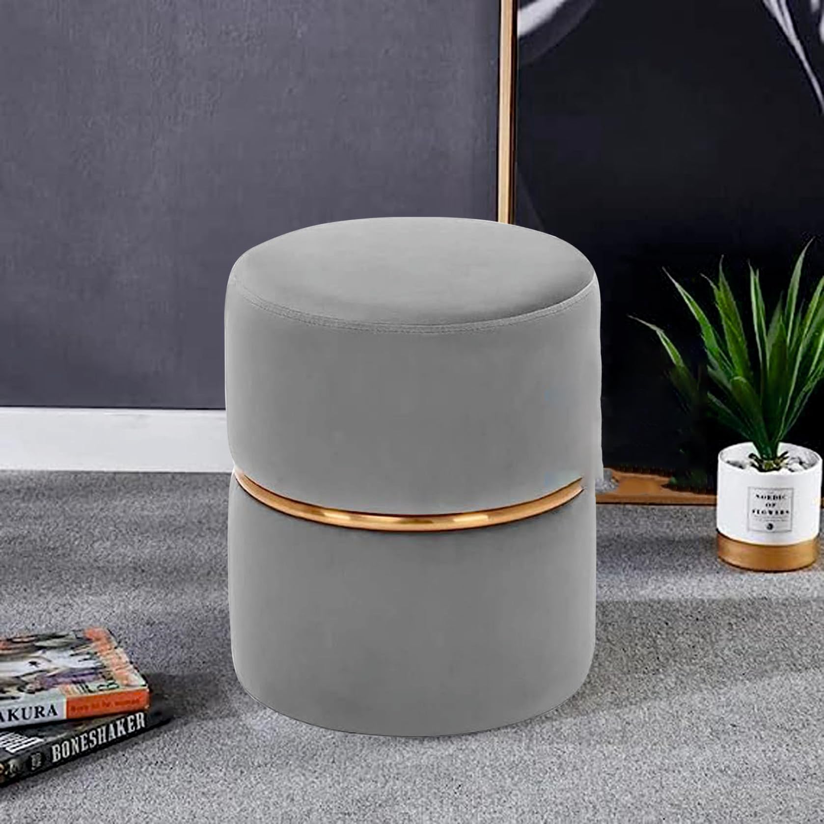Epicdecor Round Footrest Stool with Linen Fabric Padded Seat Pouffe Ottoman in Velvet for Living Room-Grey