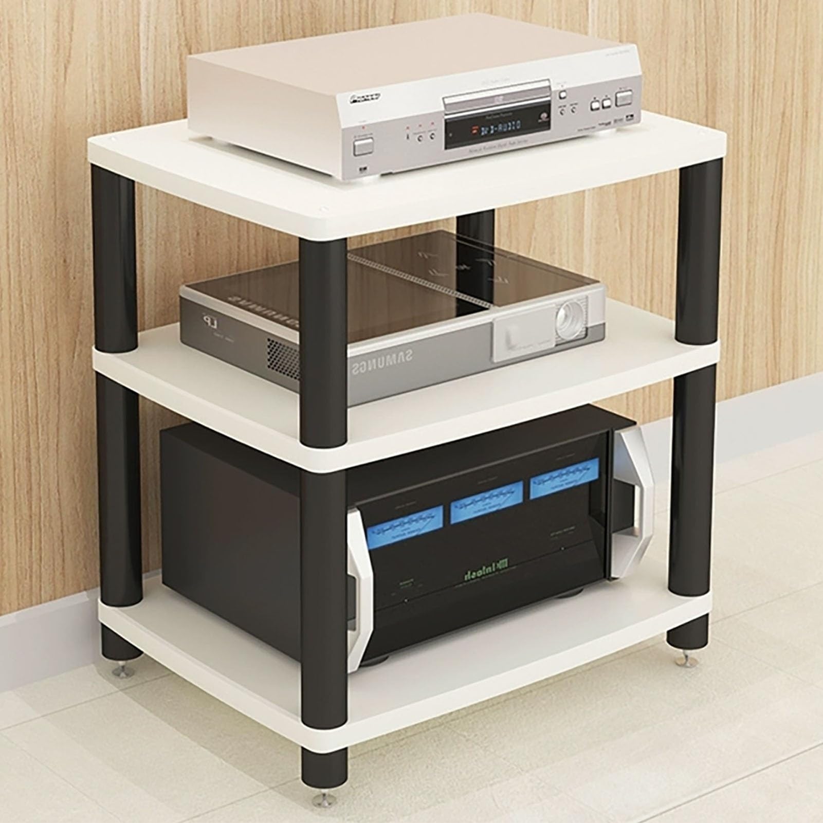 Armadio stereo - mensola per proiettore, supporto multimediale AV, componente audio/video, rack audio stereo, scaffali per centro intrattenimento con piedini in metallo (bianco, 3 livelli)