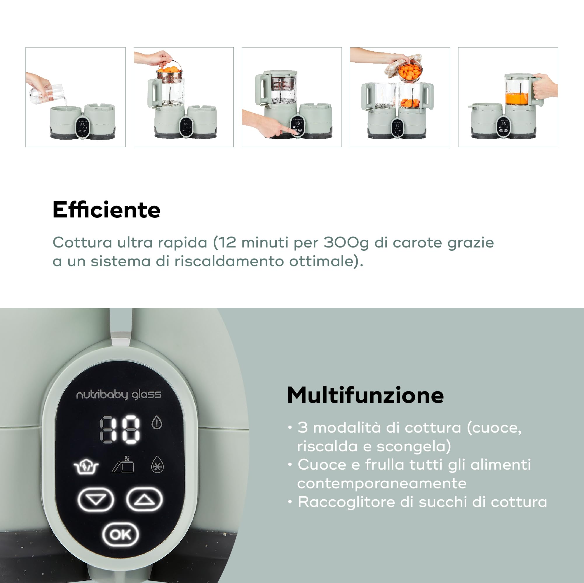 Babymoov Nutribaby Frullatore Vaporizzatore Vetro 4 in 1 Cuocipappa Svezzamento Riscaldatore Scongelatore Acciaio Inox
