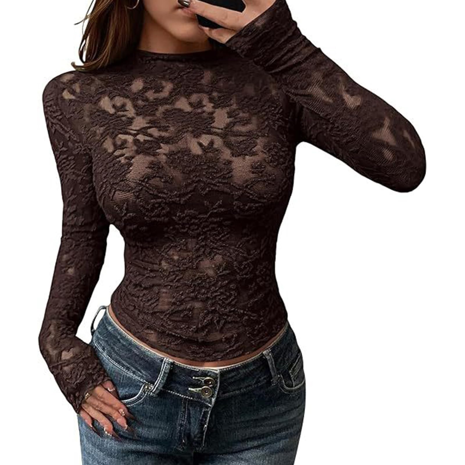 Tsophreniq Unisex Brown Women ' S Aesthetic Sheer Mesh Long Sleeve Mock Neck Fitted Crop Top See Through Flower Lace T-Shirt Blouse Clubwear Fashionable Women ' S Top