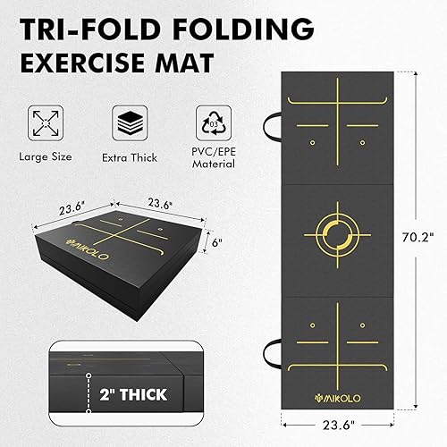 Miniatura 2 de Mikolo Alfombrilla de ejercicio de triple pliegue, 2 pulgadas de grosor con asas de transporte, 6 x 2 pies, antidesgarros, portátil, de alta