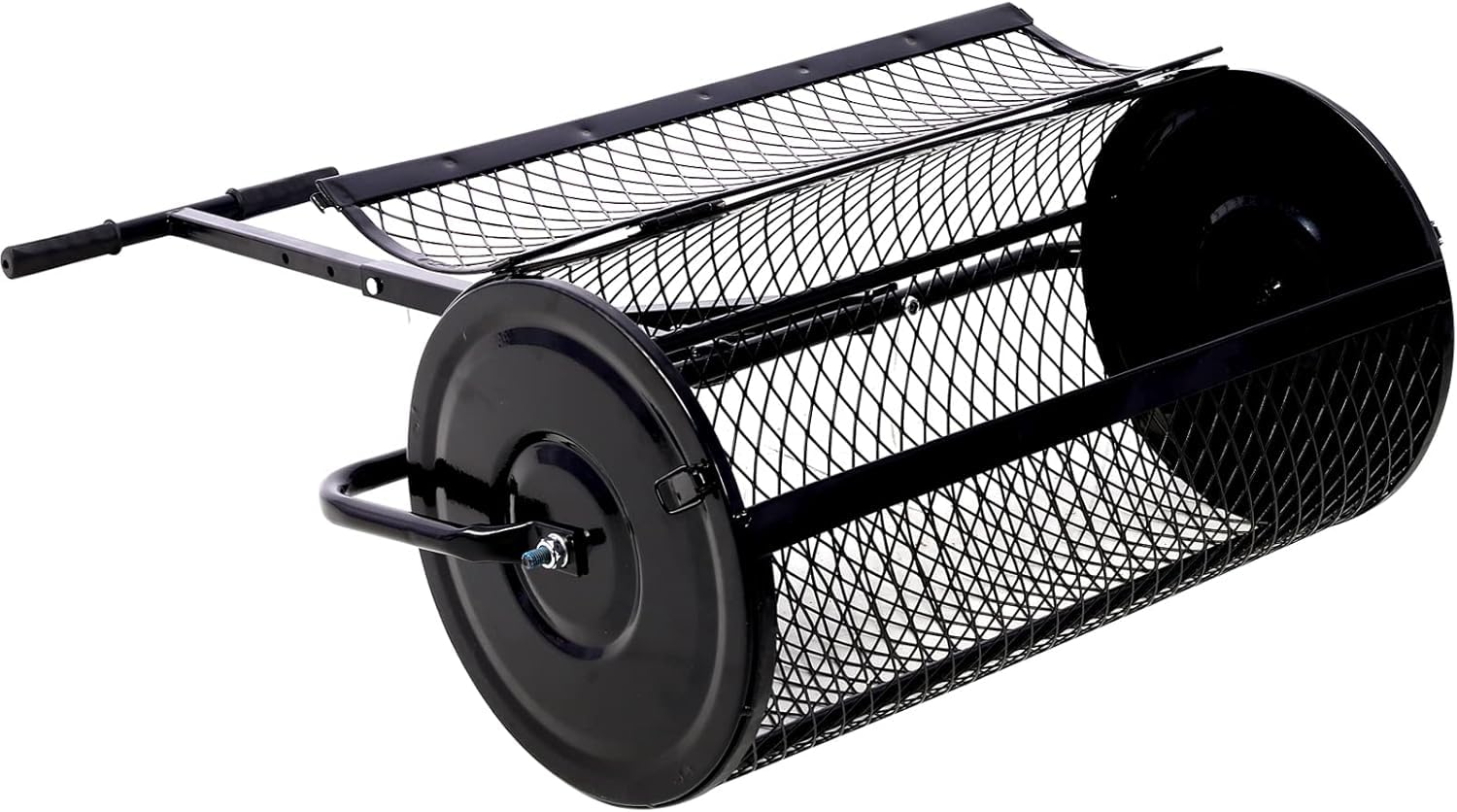 Distribuidor de compost - Rodillo de turba de 61 cm con mango ajustable en forma de T, ligero, de malla metálica, para césped, esparcir estiércol y tierra vegetal, color negro, con ranuras abiertas