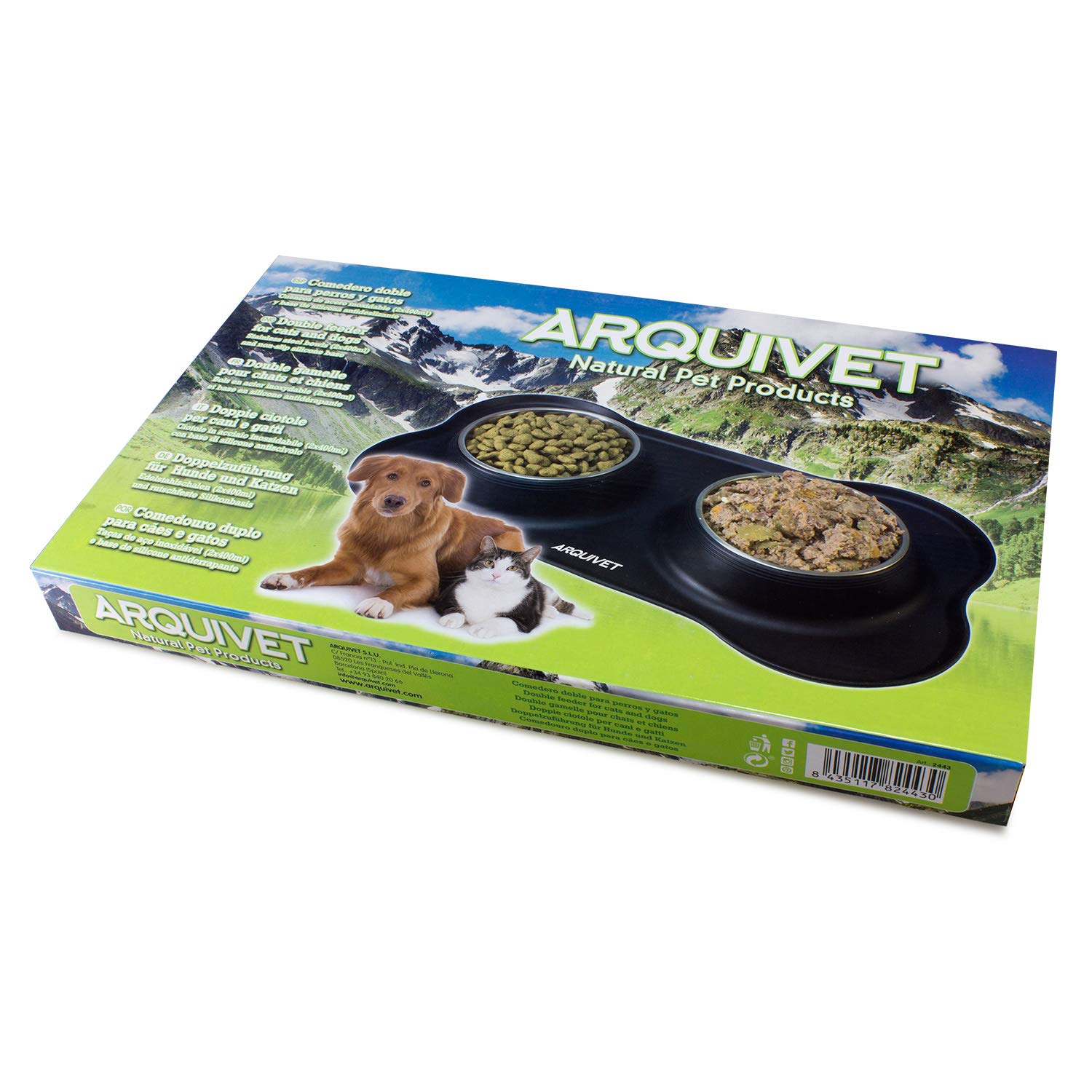 ARQUIVET Doppelter Futternapf und Trinknapf für Hunde und Katzen - Edelstahlschüssel - rutschfeste und kippsichere Silikonbasis - Zubehör für Haustiere - 2 x 400 ml