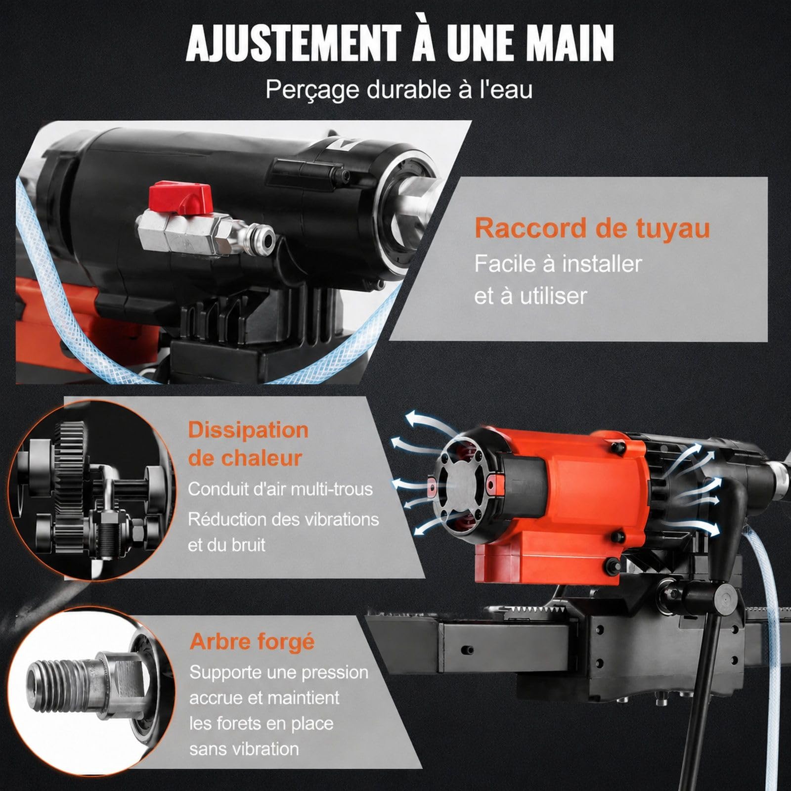 Carotteuse diamant avec support, moteur 2500 W, perçage humide et sec pour béton armé, marbre et travaux de construction