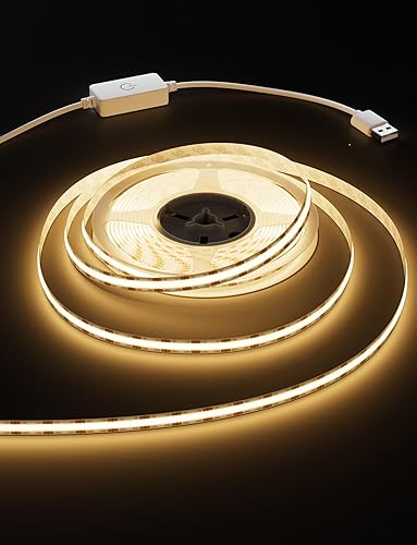 MIWISE Tira de luces LED USB 5V, tira de luz LED COB súper brillante de 2700 K, blanco cálido con interruptor de atenuación táctil, luces de cinta