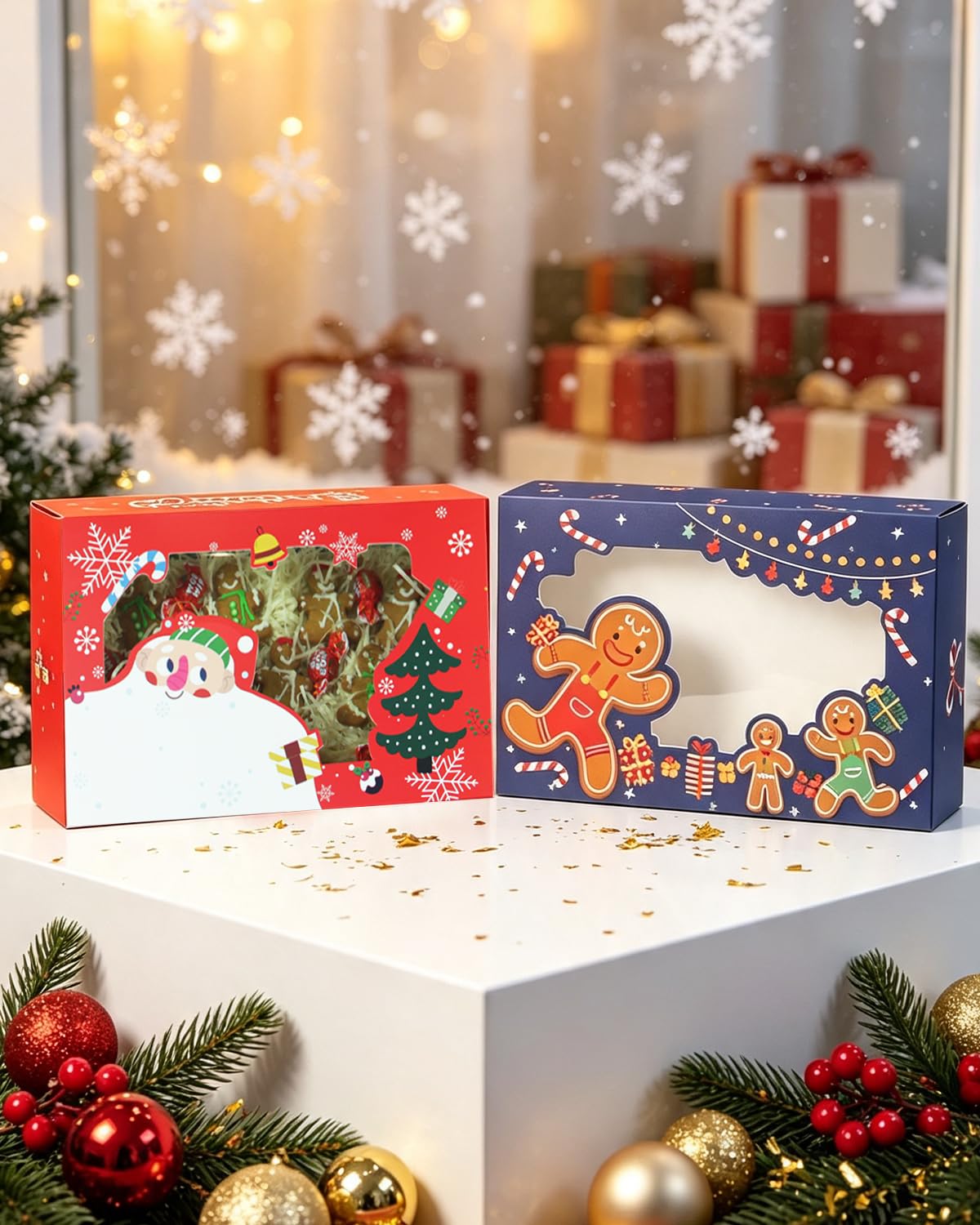 qiqee Scatola per biscotti di Natale con finestra, 30,5 x 20,3 x 6,3 cm, 12 confezioni Auto-pop up Due usi Un secondo pieghevole per pasticceria biscotto scatola da forno per imballaggio