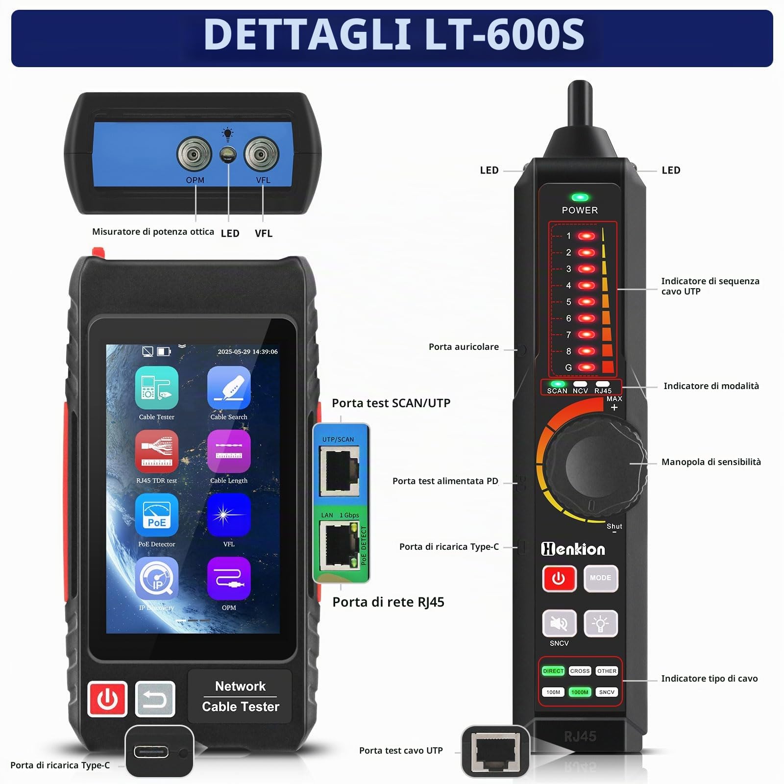 Henkion Tester per cavi di rete multifunzione RJ45, inseguitore cavi Ethernet, touchscreen IPS da 4 pollici, supporta strumenti di rete, VFL, OPM, POE+, RJ45 TDR, lunghezza del cavo, NCV(LT-600S)