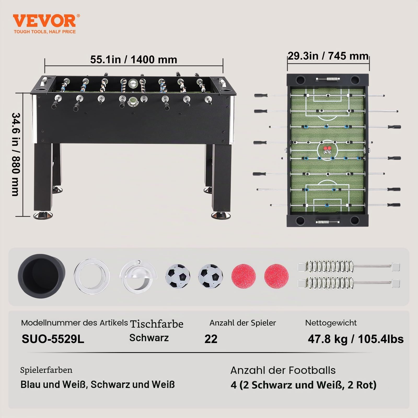 VEVOR Kickertisch – 139,7 cm Standardgröße, volle Größe für Zuhause und Spielzimmer – Fußball-Set mit 4 Bällen und 4 Getränkehaltern