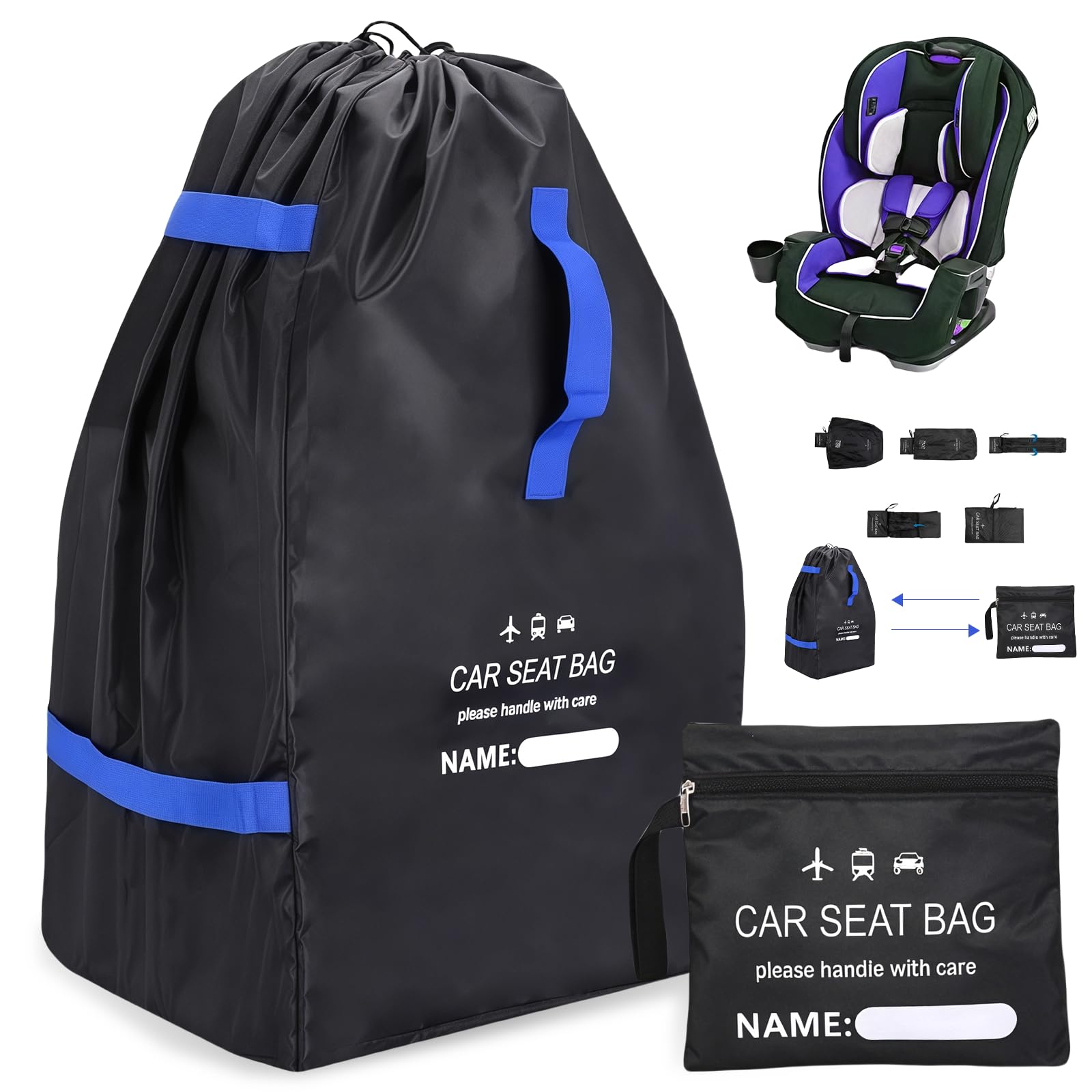 Gate Check - Borsa da viaggio per viaggi in aereo, seggiolino per bambini, borsa da viaggio, trasportabile, per passeggino, seggiolino per bambini, 85 x 45 x 45 x 45 cm, colore: nero + blu