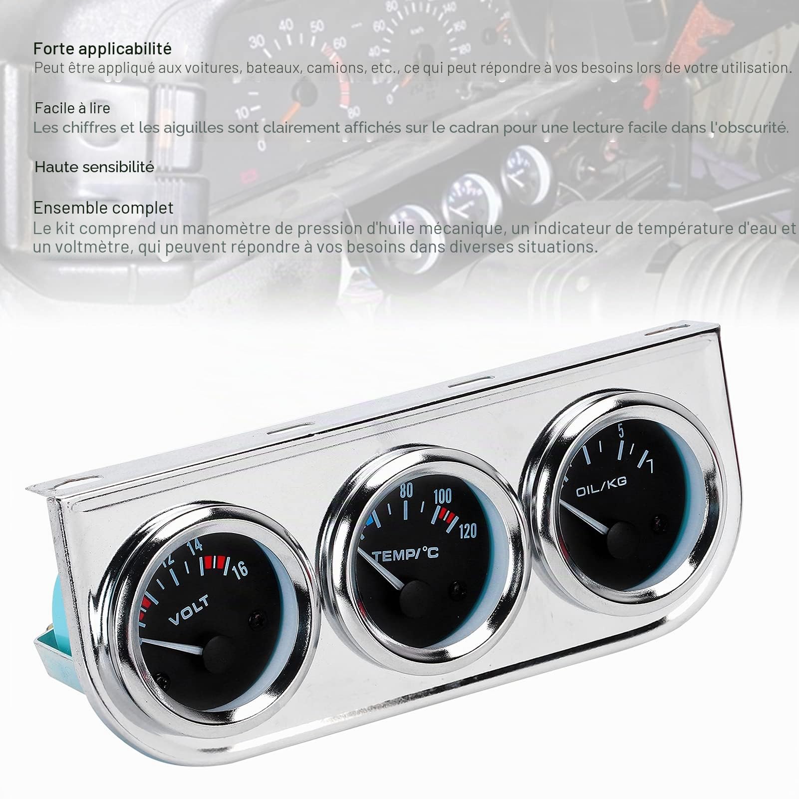 Compteur Combiné Automobile 3 En M10X1, 52 Mm : Température D’Eau, Pression D’Huile Et Tension, pour Personnalisation de Véhicule Compatible avec La Plupart des Modèles