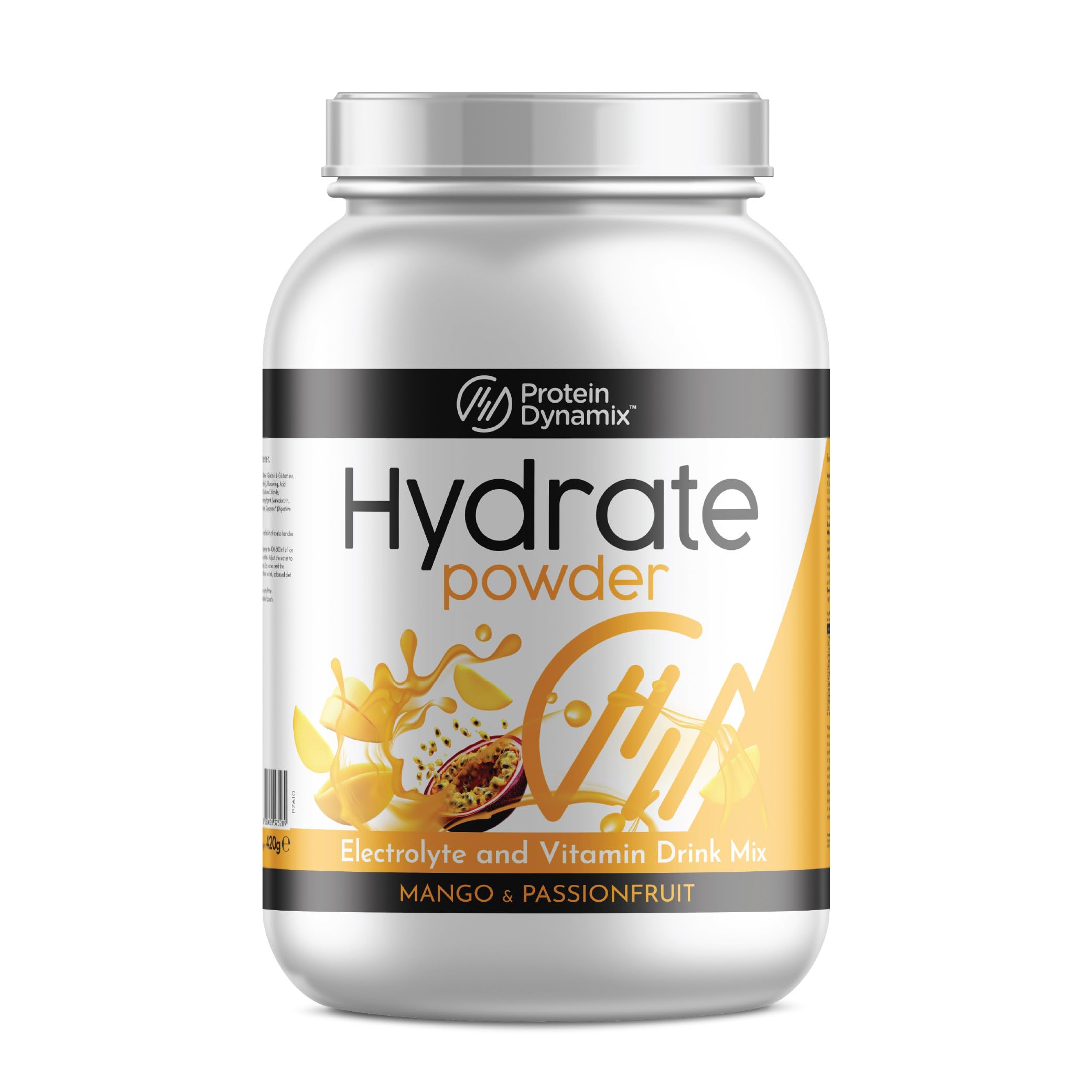 Protein Dynamix Hydration Powder • Electrolyte Mix + Vitamins + EAAs • Natural Source of Electrolytes Made with Coconut Water • Vitamins for Energy + Immunity • Sugar-Free • Mango & Passionfruit