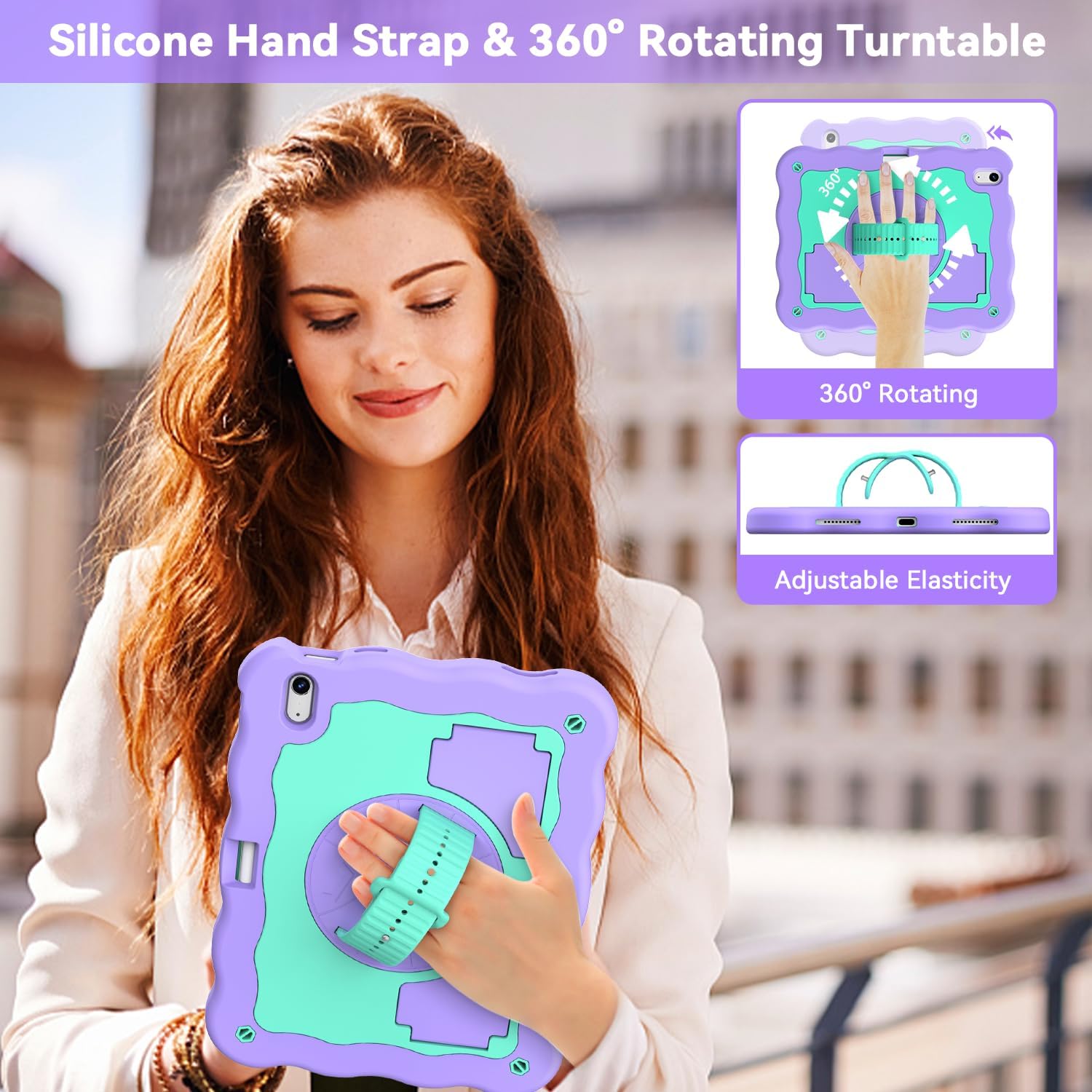 ZoneFoker for iPad A16 11th Generation 2025 / 10th Gen Case 2022, for 11 Inch / 10.9 Inch iPad Case Heavy Duty Cover Shockproof with Pencil Holder [360° Rotate Strap] & Stand, Purple Green