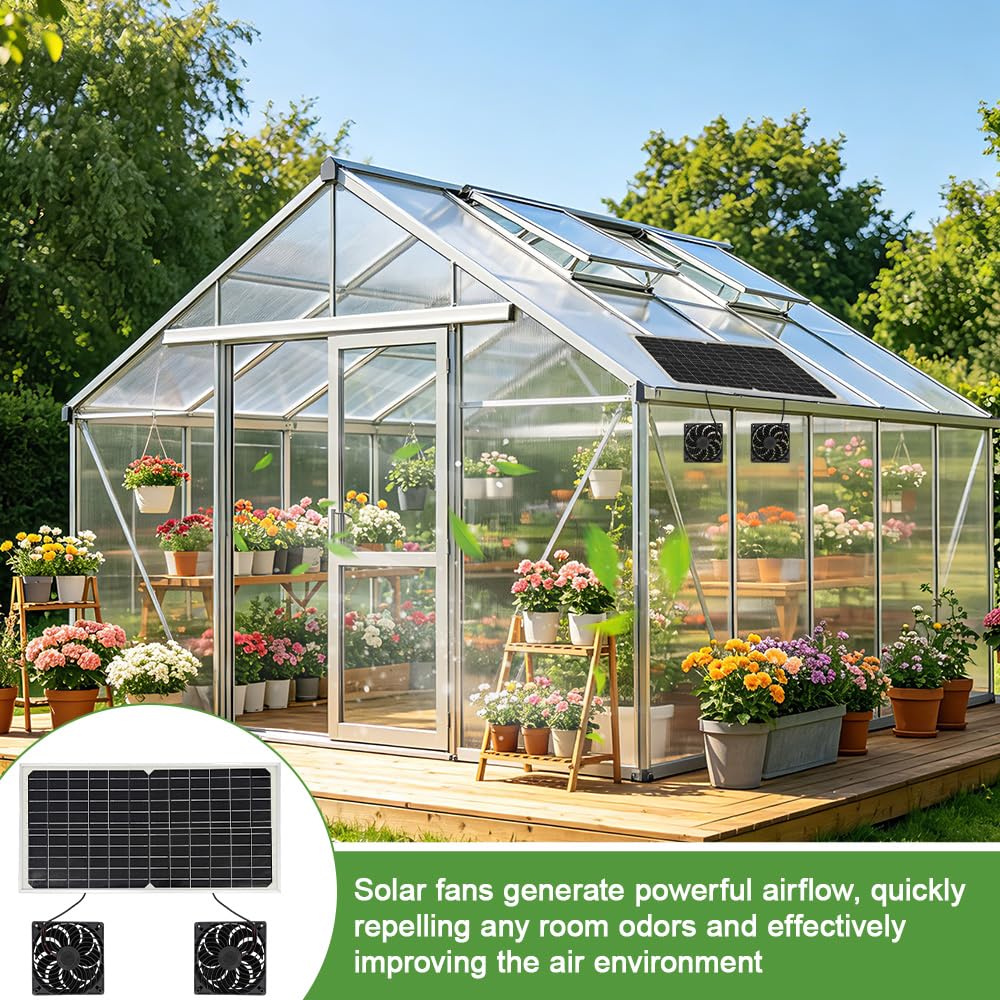 Foreverup Solar Ventilator, 16W Solar Lüfter, Solarpanel Ventilator, Solarmodul Lüfter Kit mit DC Doppelventilator für Gewächshaus, Hühnerstall, Schuppen, Haustierhaus