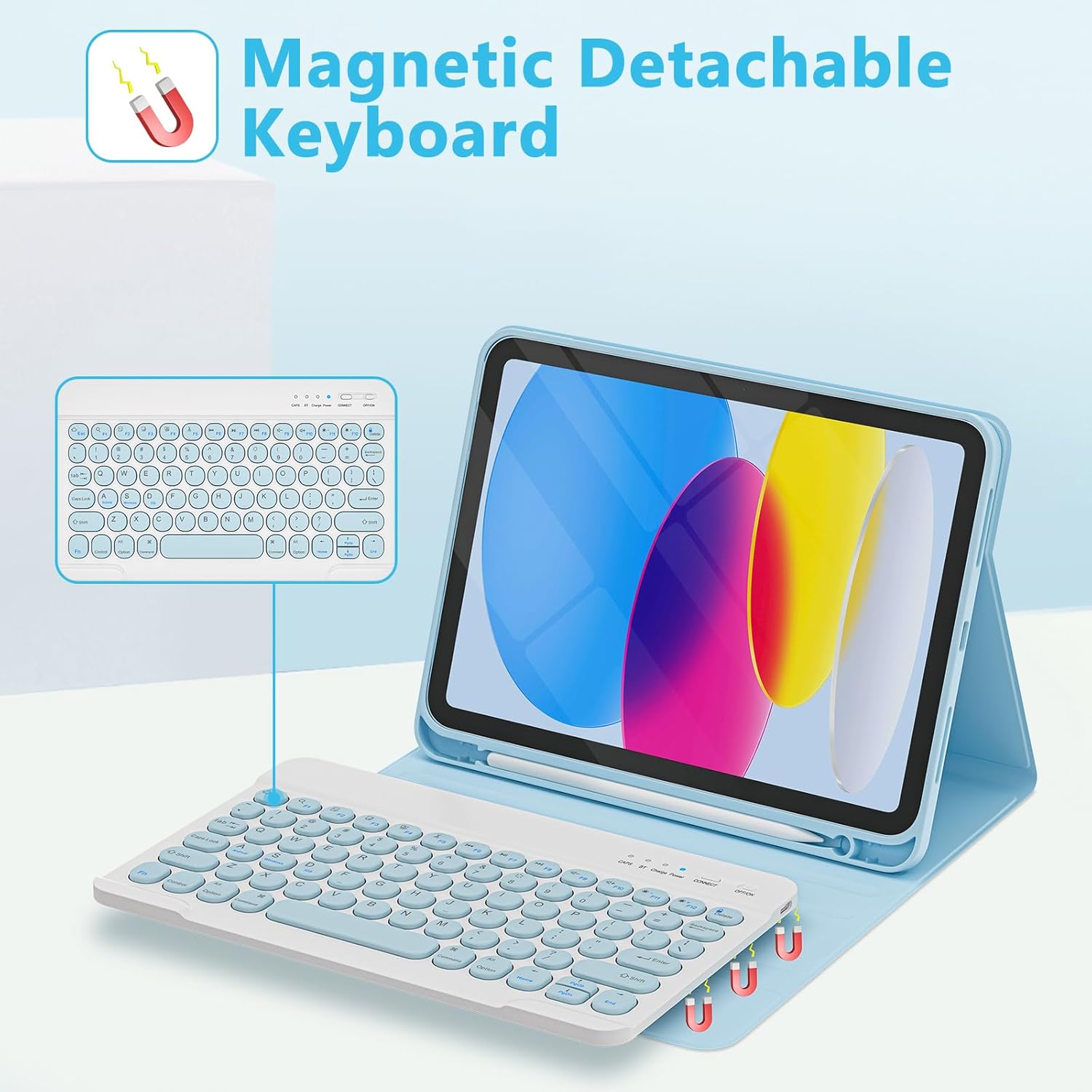 KBCASE Keyboard Case for iPad A16 11 inch 2025 / 10th Generation 10.9 inch 2022, Detachable Wireless Keyboard Cover with Pencil Holder for iPad 11/10th Gen (Light Blue)