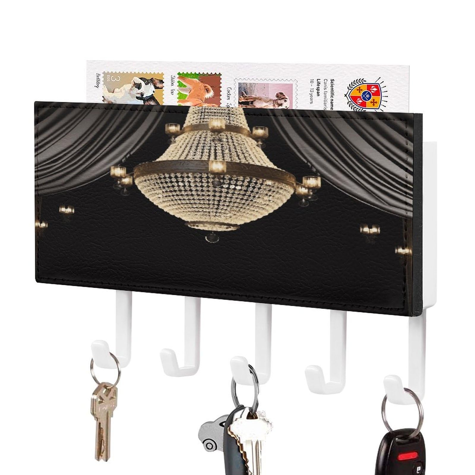 JTREHY Ball Room Chandelier Key Holder Wall Mount Decorative Key and Mail Holder PU Leather Adhesive Key Organizer Hanging Key Hooks Wall Shelf with 5 Hooks for Entryway Hallway Office