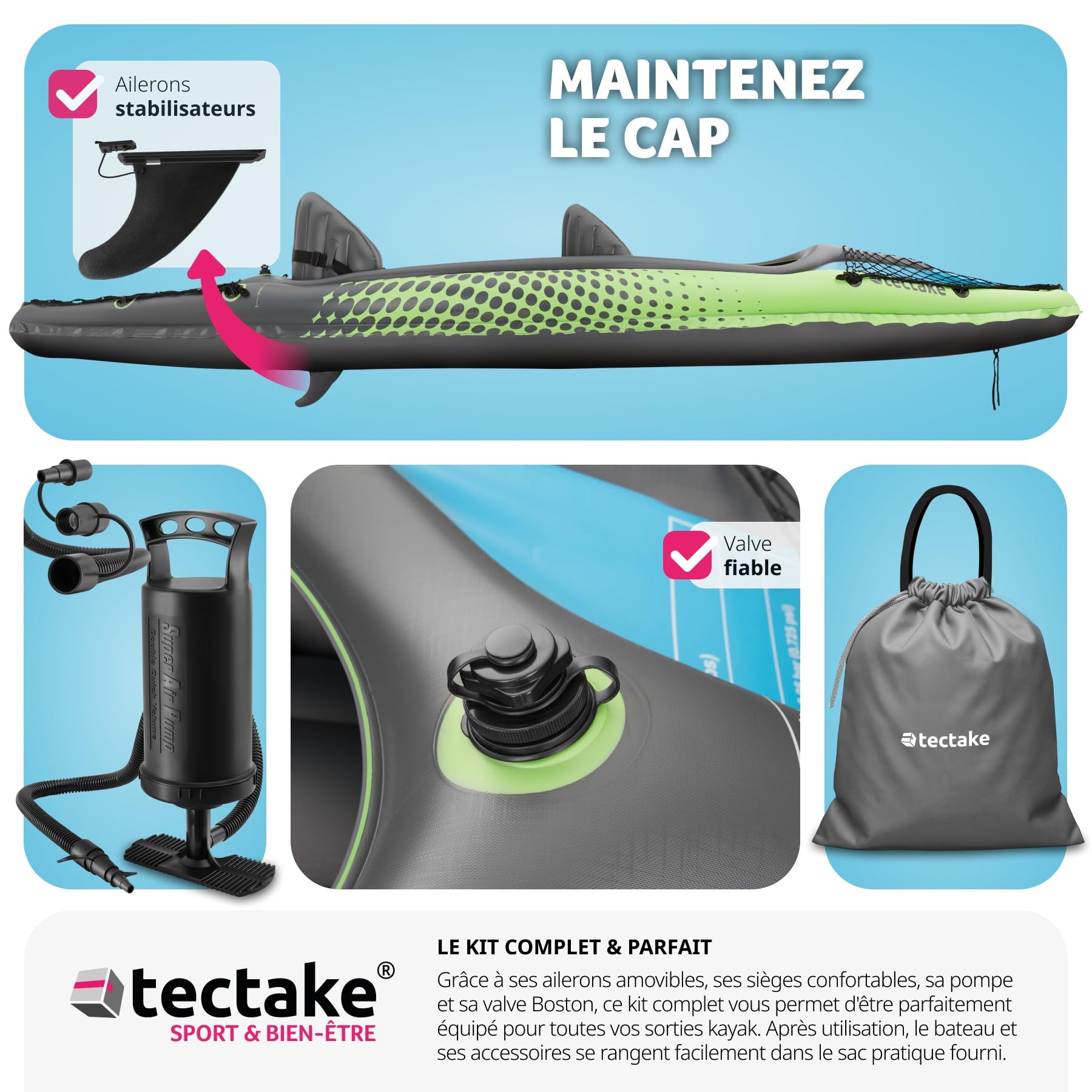 tectake® Canoë Kayak Gonflable en PVC Robuste avec Pagaie Double Solide, Filets de Transport & Sac de Transport, Kayak de mer Gonflable - Plusieurs Options 1 ou 2 Places