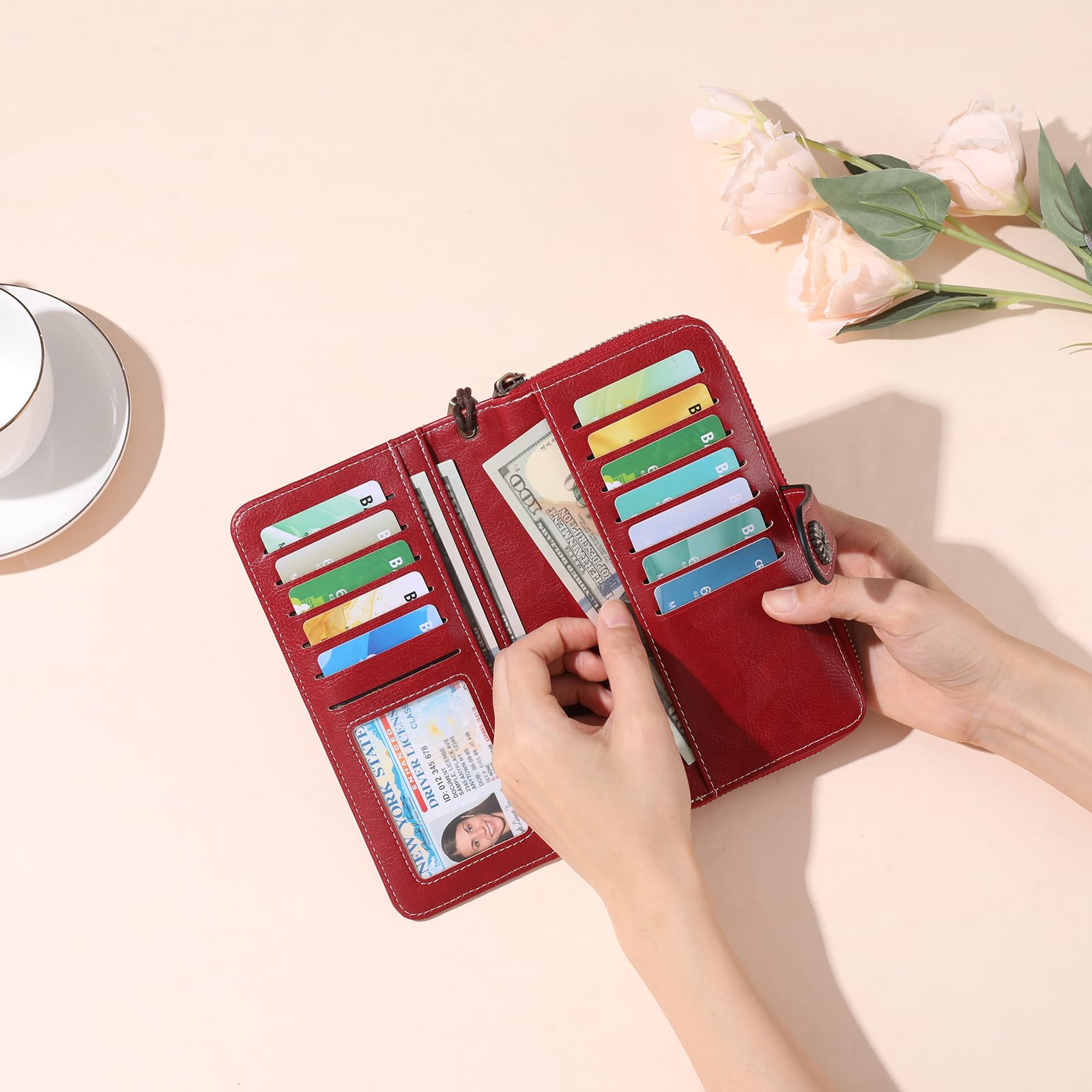 GOIACII Portefeuille Femmes en Cuir Grande Capacite Porte Monnaie RFID Blocage avec Chequier 13 Emplacements pour Cartes et Bracelet