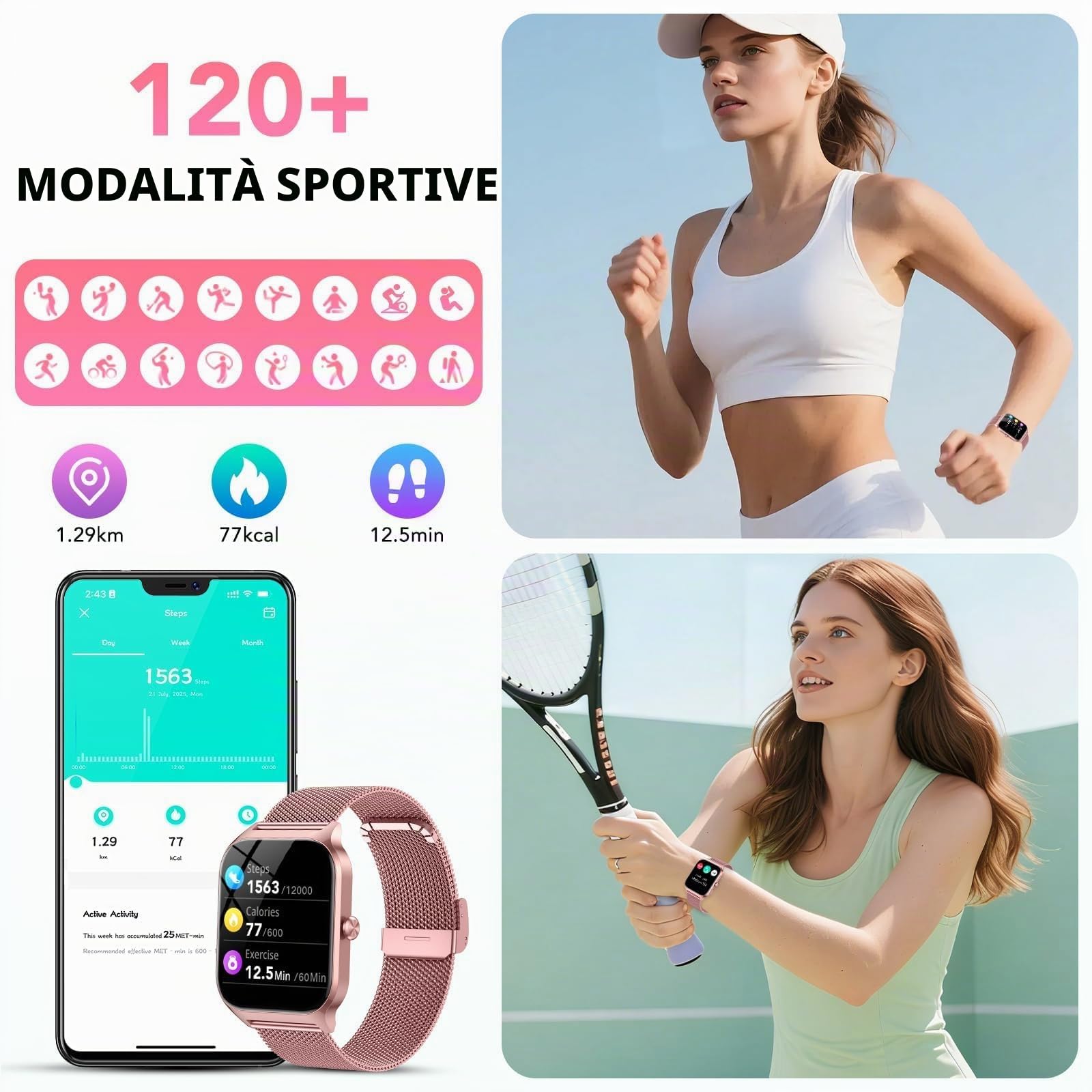 CASCHO Smartwatch Donna, 1.85'' Orologio Smartwatch con Effettua/Risposta Chiamate, 120+ Sportive Smart Watch con Contapassi/Sonno, Fitness Tracker per iOS Android - Elegante oro rosa 7