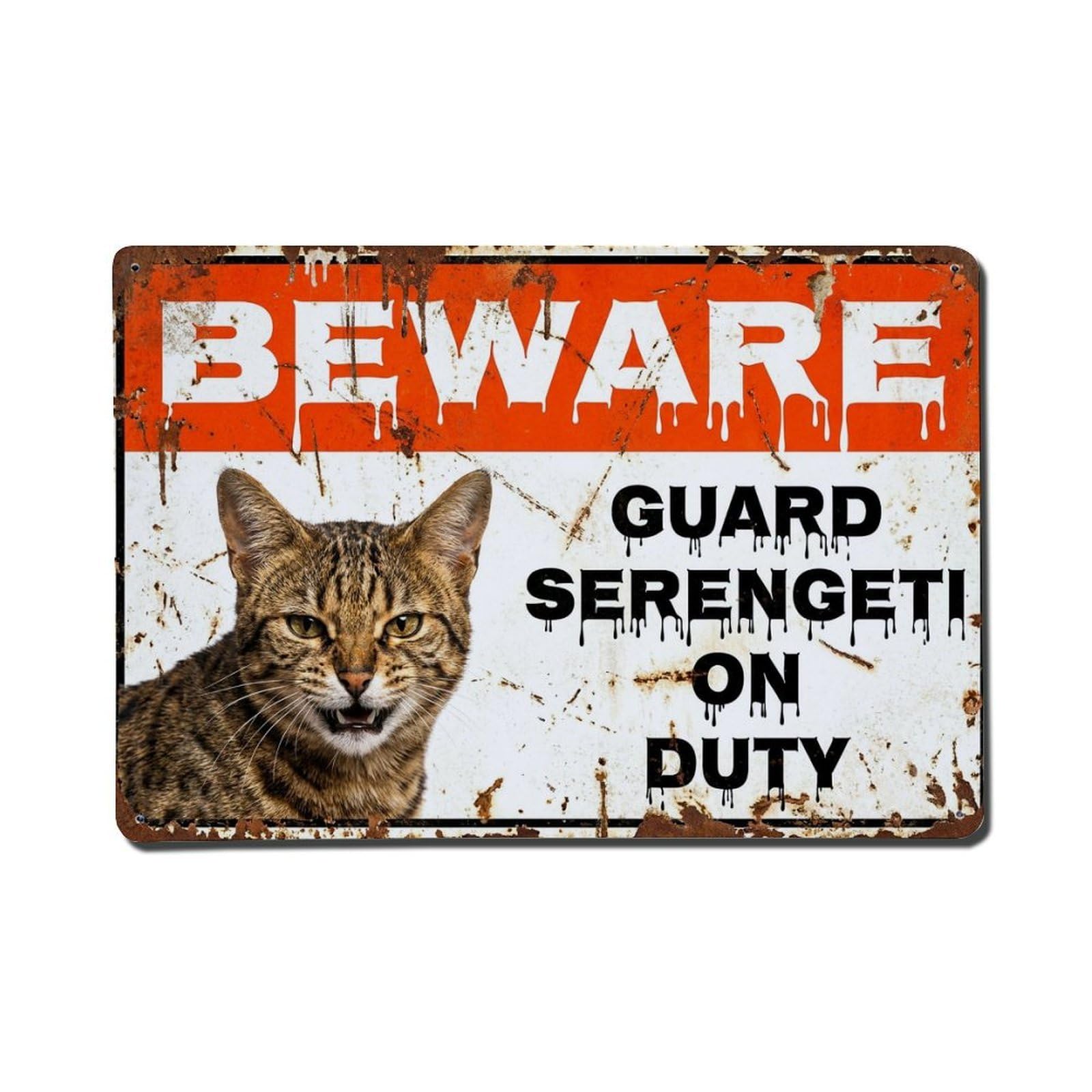 Vintage Funny Serengeti Guard Beware of Cat Stoop Metal Tin Sign