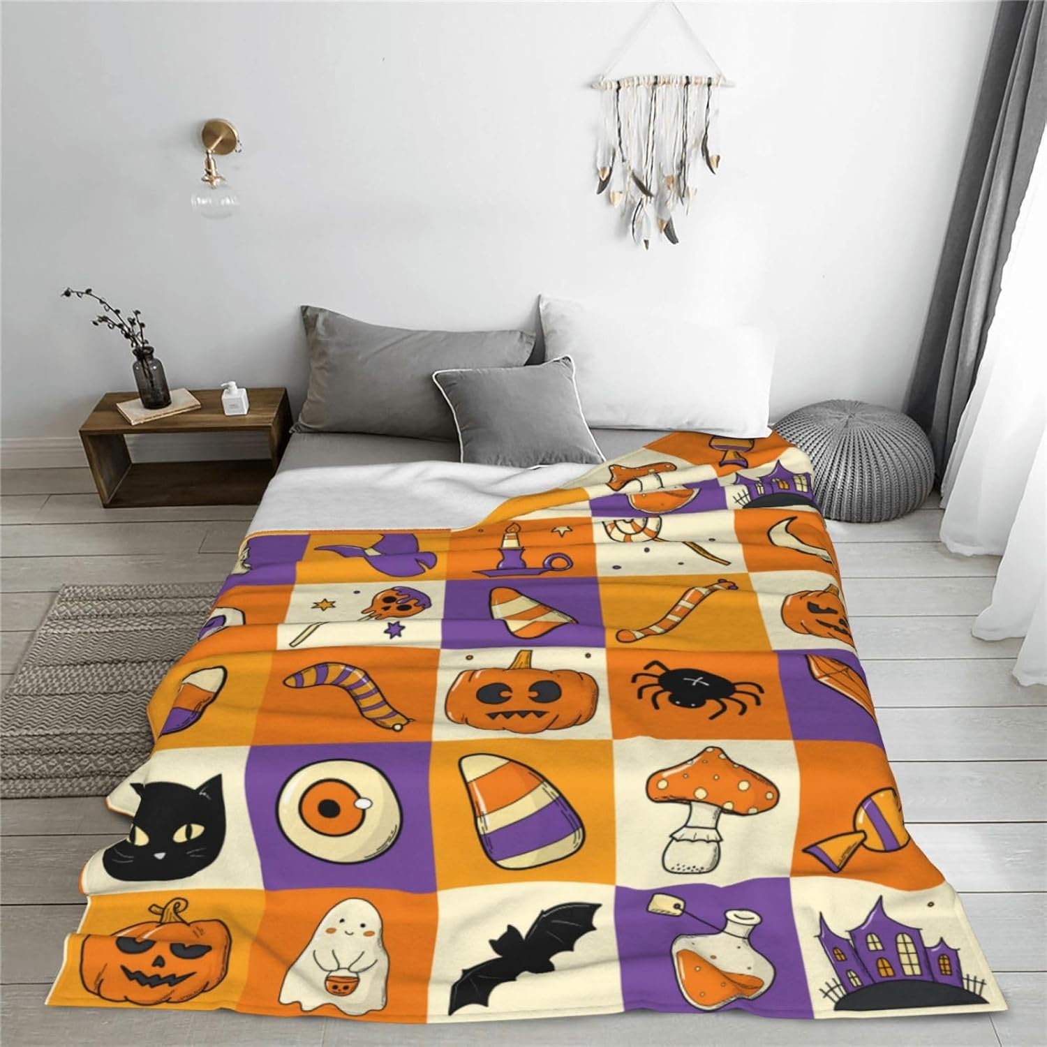 Halloween Purple Orange Checked Blanket Halloween Throw Blanket Flannel Lightweight Soft Plush Fuzzy Blankets for Bed Sofa Couch Livingroom Chair Car Travel Pet 60"x50"