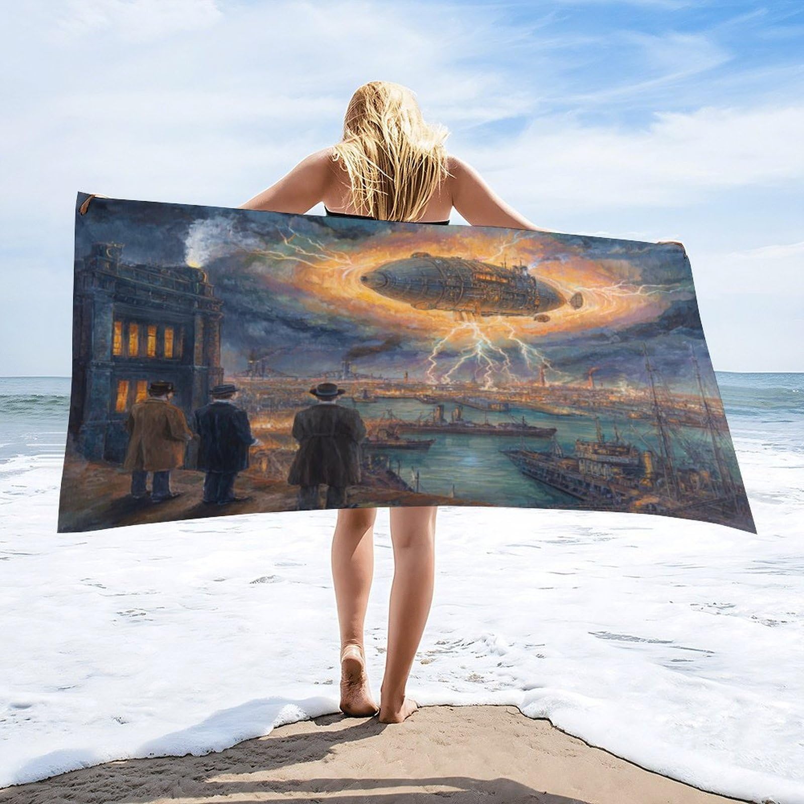 LUYYSKY Modern Realistic Steampunk Airship Quick-Drying Beach Towel, Beautiful Classic Coastal City Lightning Ship Pattern Travel Vacation Single Sided Pile Bathroom Towels-80 W cm x 160" L cm