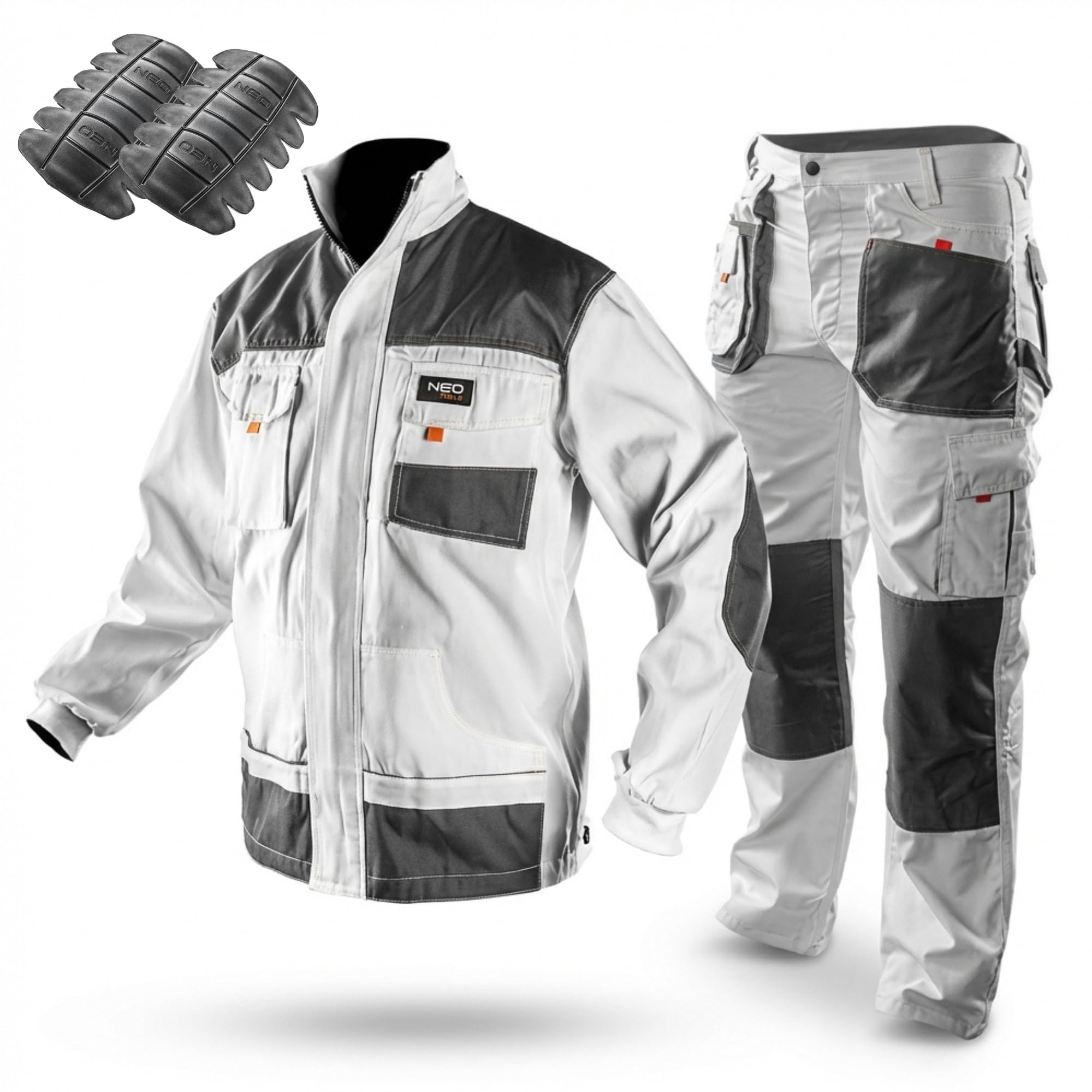 NEO TOOLS Profi Arbeitshose/Profi Set (Hose, Jacke, Knieschutzpolster) weiß | Sicherheitshose Arbeitskleidung Berufsbekleidung Bundhose Malerhose Hose S-XXL