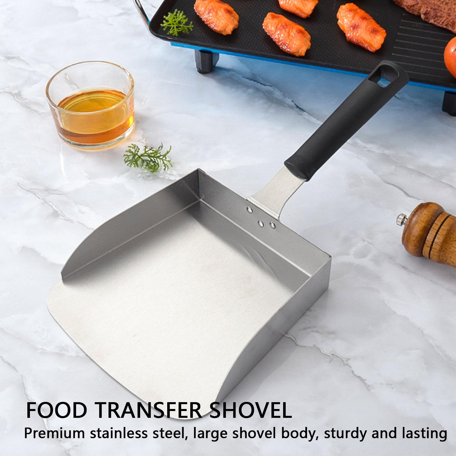 VAVPUP Paletta raccogli carne, 22,5 x 17,5 x 8 cm, pratica paletta in acciaio inox, spiedino girevole, paletta per la raccolta della carne, pratica paletta per barbecue (1 pezzo