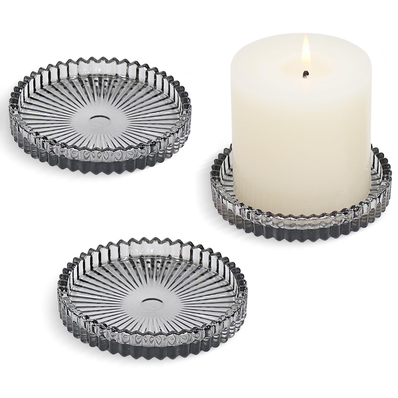 HofferRuffer Confezione da 3 piatti in vetro da 10 cm, portacandele rotondi per candele a pilastro, portacandele tealight, grigio