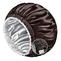 Vista 11 de mikimini Gorro de satén para hombres y mujeres, gorro de dormir reversible de doble capa para trenzas de cabello con banda elástica ajustable Negro